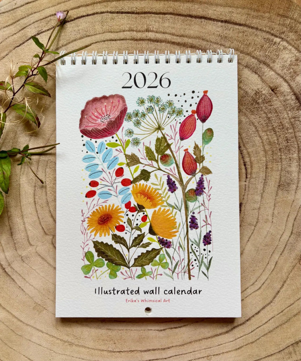 2026 Floral Art Calendar: A5 Handmade Illustrated Wall Calendar - Erika's Whimsical Art