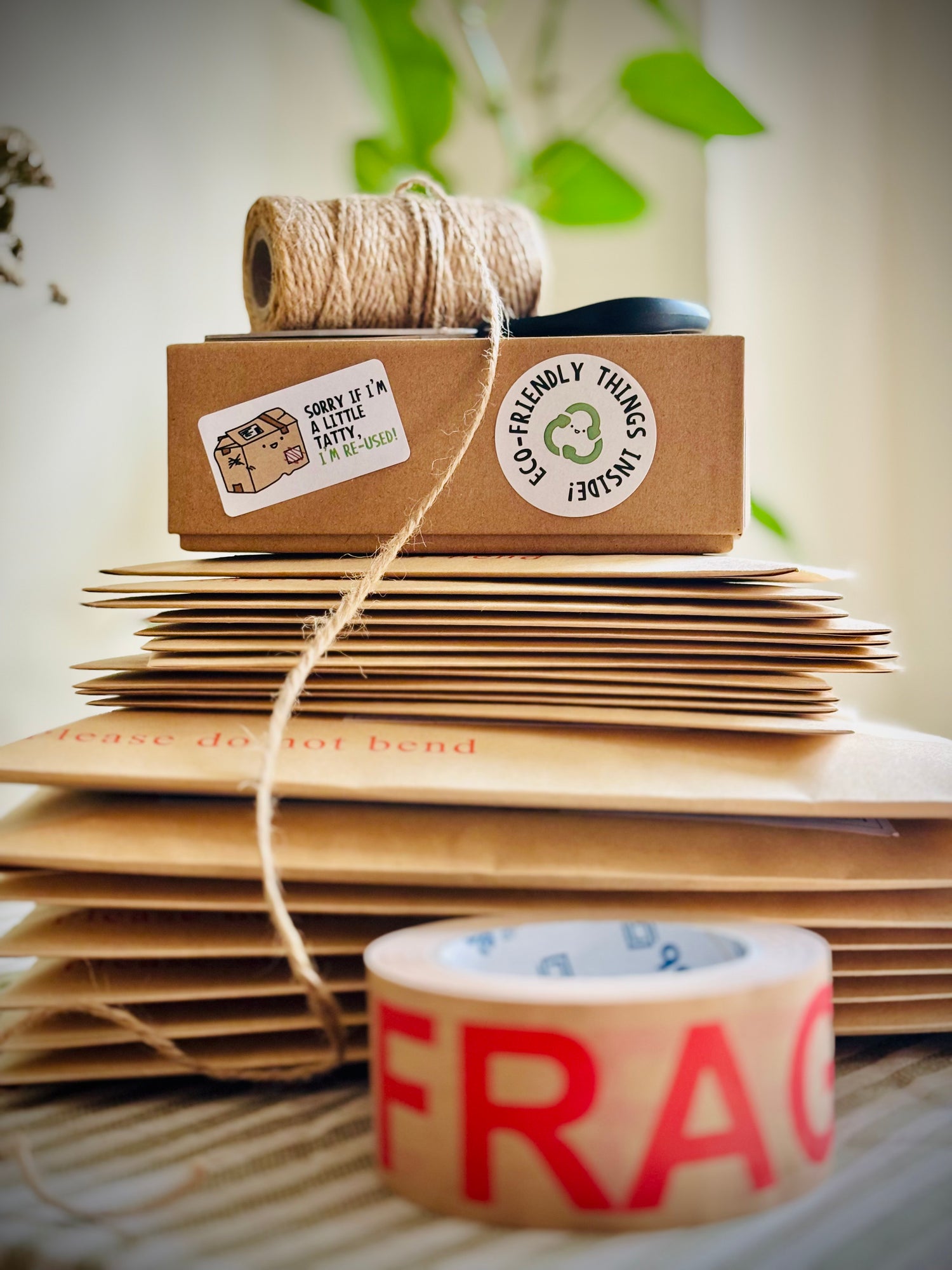 Stack of brown paper bags with a roll of twine and a roll of tape on top, with a blurred green plant in the background.