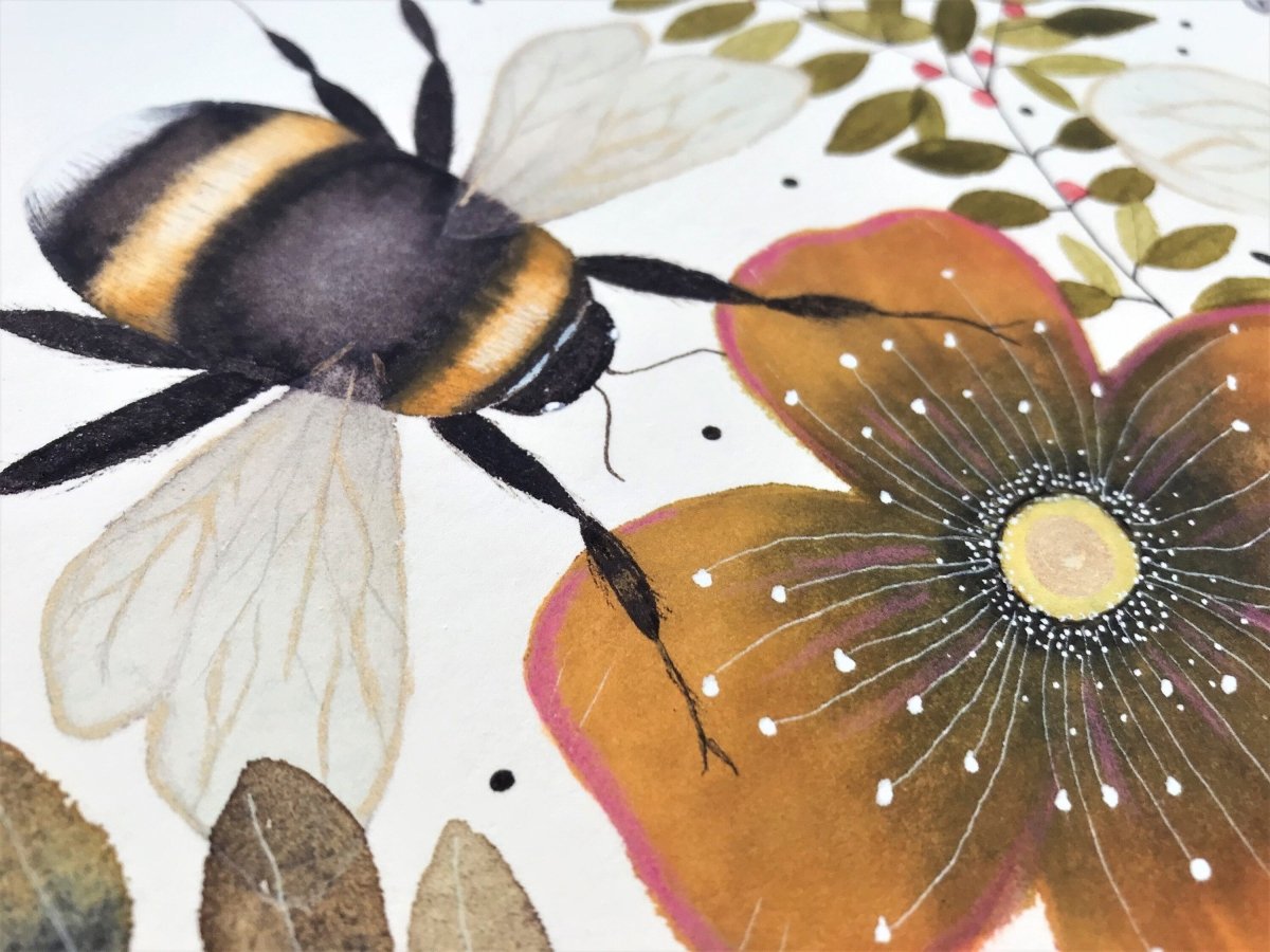 Bee wall art, Bumble Bee, Woodland animal print,A4 Art Print, Home Décor, Yellow wall art, Floral wall art, Bee print, Kitchen Print - Erika's Whimsical Art