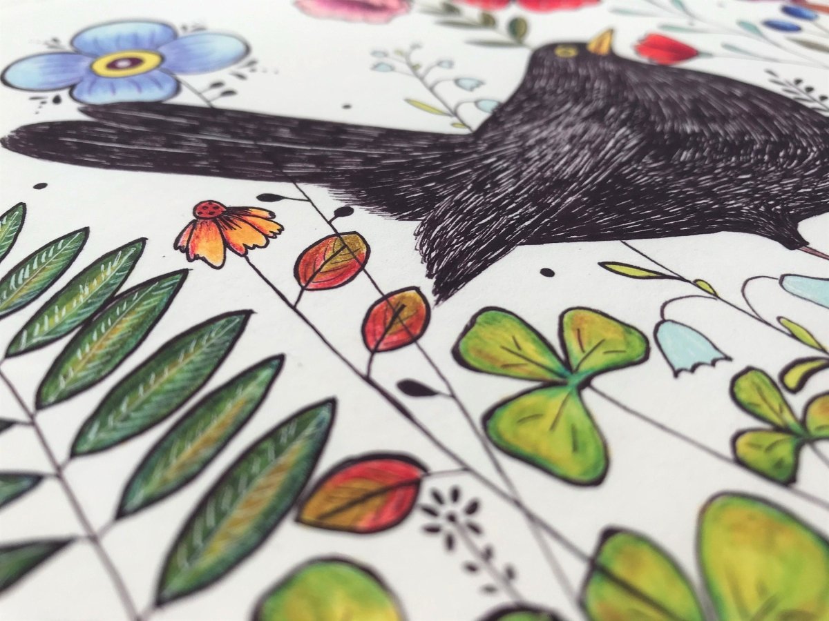 Bird wall art, Black Bird, Woodland animal print,A4 Art Print, Home Décor, Colourful wall art, Floral wall art, Bird print, Kitchen Print - Erika's Whimsical Art
