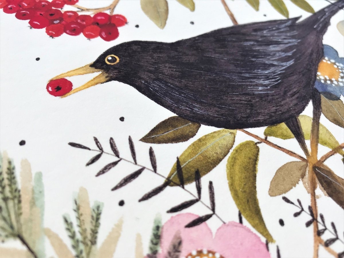 Bird wall art, Black Bird, Woodland animal print,A4 Art Print, Home Décor, Colourful wall art, Floral wall art, Bird print, Kitchen Print - Erika's Whimsical Art