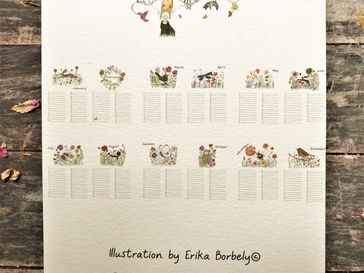 Handmade Perpetual Calendar: Floral Illustrated Birthday Reminder - Erika's Whimsical Art