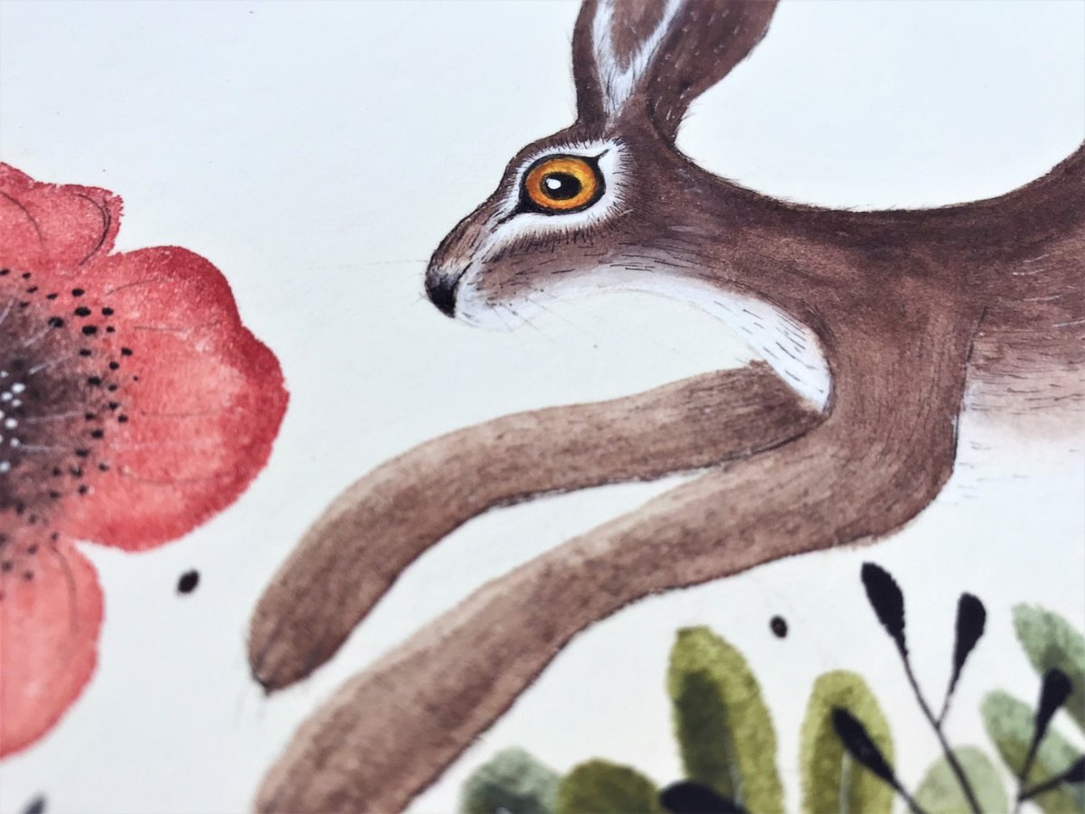 Hare wall art, Hares, Woodland animal print,A4 Art Print, Home Décor, Yellow wall art, Floral wall art, Hare print, Kitchen Print - Erika's Whimsical Art