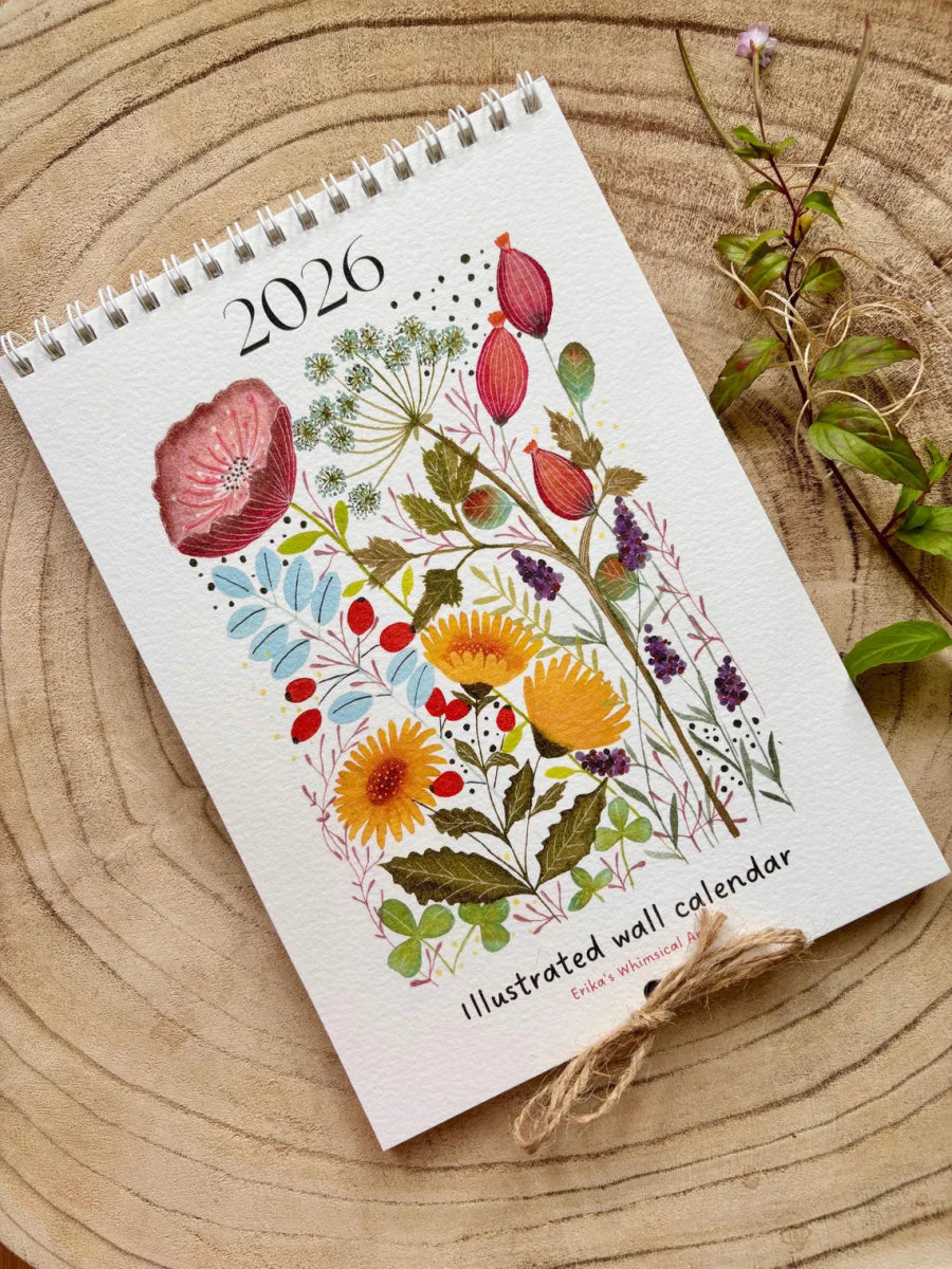 2026 Floral Art Calendar: A5 Handmade Illustrated Wall Calendar - Erika's Whimsical Art