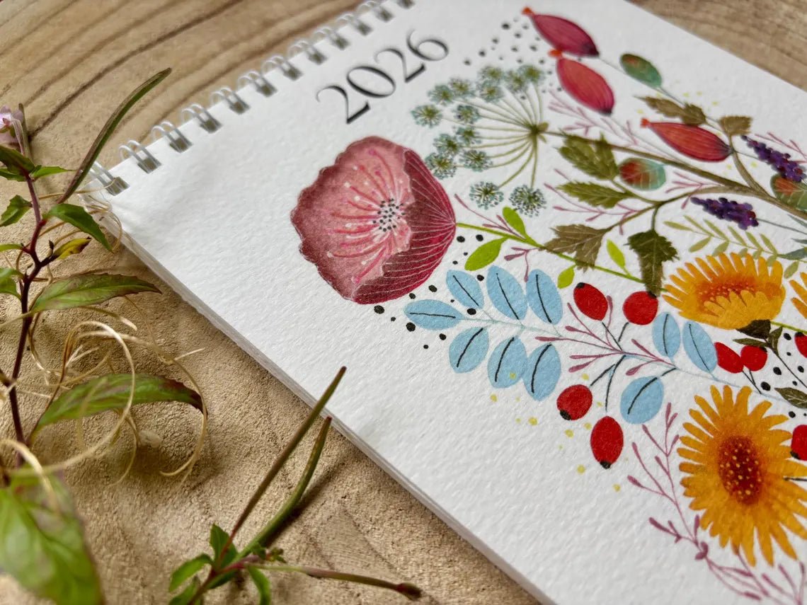 2026 Floral Art Calendar: A5 Handmade Illustrated Wall Calendar - Erika's Whimsical Art