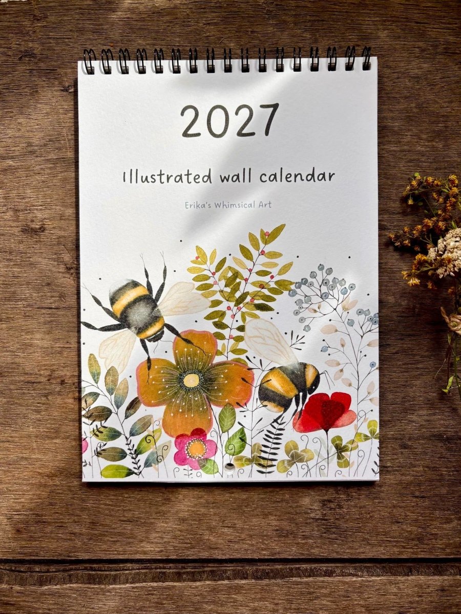 2027 Illustrated Wall Calendar – Bumblebee & Wildflower Nature Calendar - Erika's Whimsical Art