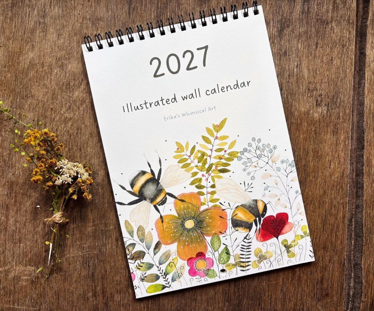 2027 Illustrated Wall Calendar – Bumblebee & Wildflower Nature Calendar - Erika's Whimsical Art