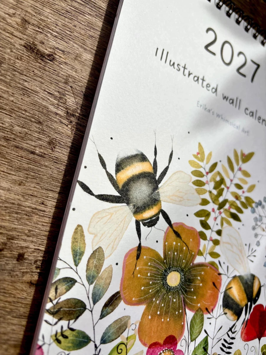 2027 Illustrated Wall Calendar – Bumblebee & Wildflower Nature Calendar - Erika's Whimsical Art