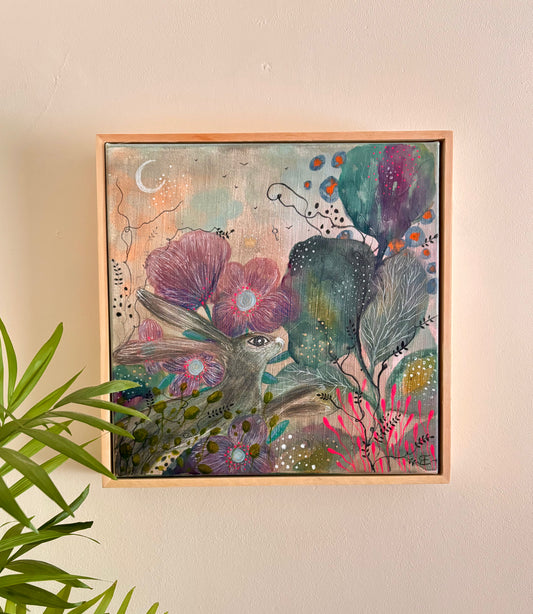 Whimsical Woodland Hare – Original Mixed Media Painting on Canvas