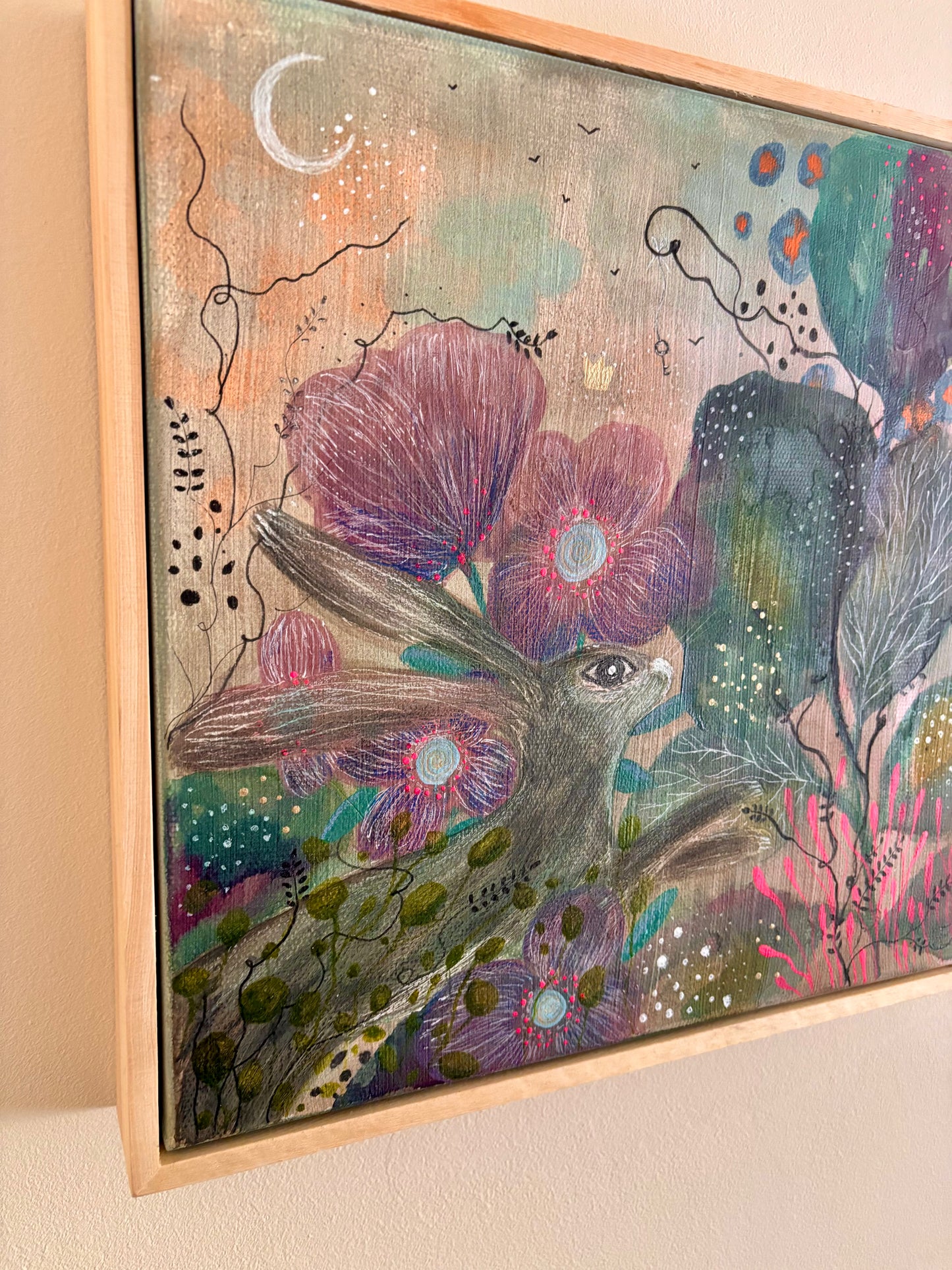 Whimsical Woodland Hare – Original Mixed Media Painting on Canvas