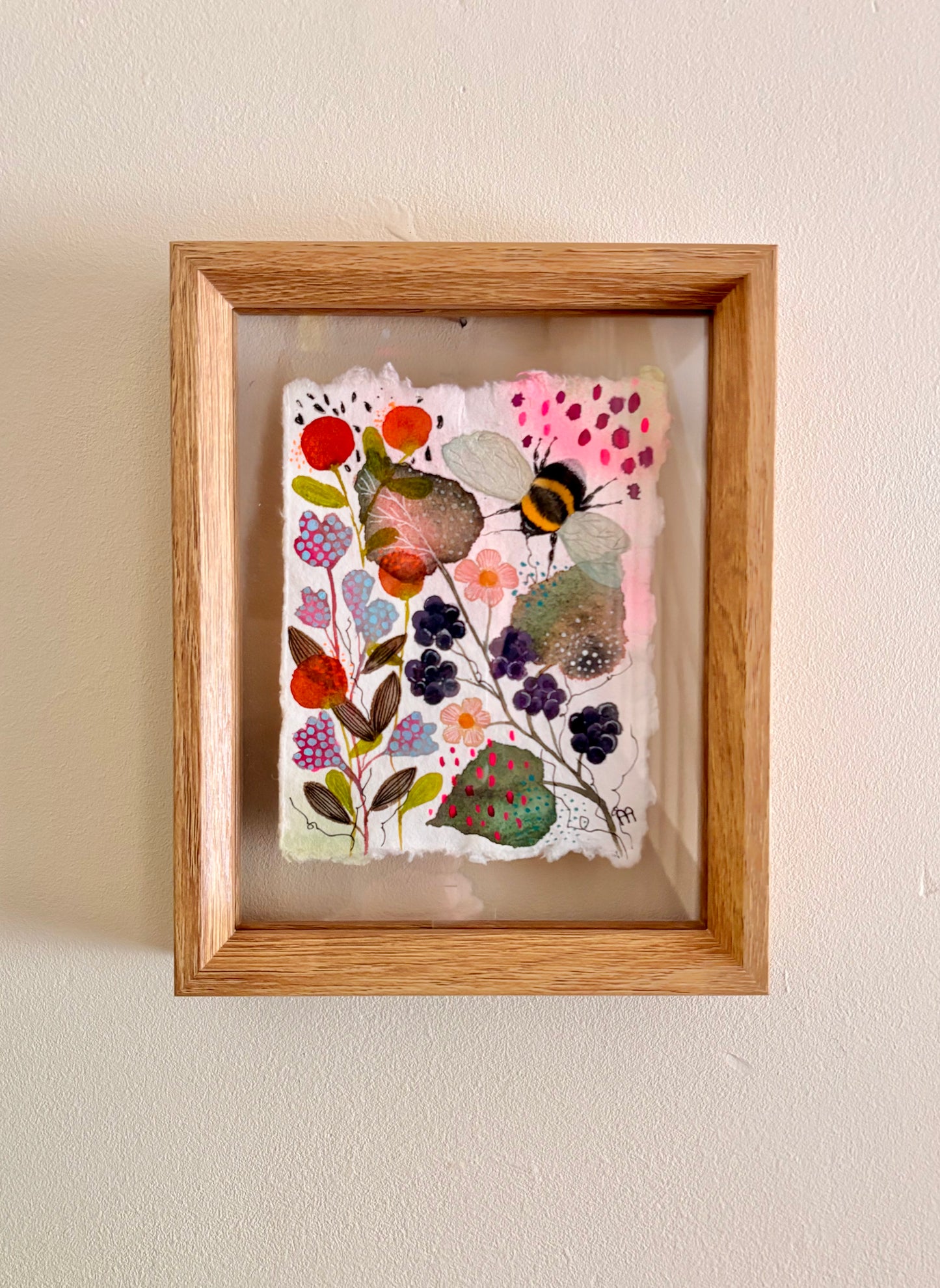 Original Bee Artwork on Handmade Cotton Rag Paper – Floating Frame Botanical Art