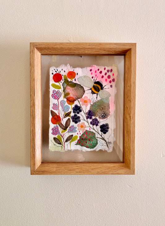 Original Bee Artwork on Handmade Cotton Rag Paper – Floating Frame Botanical Art