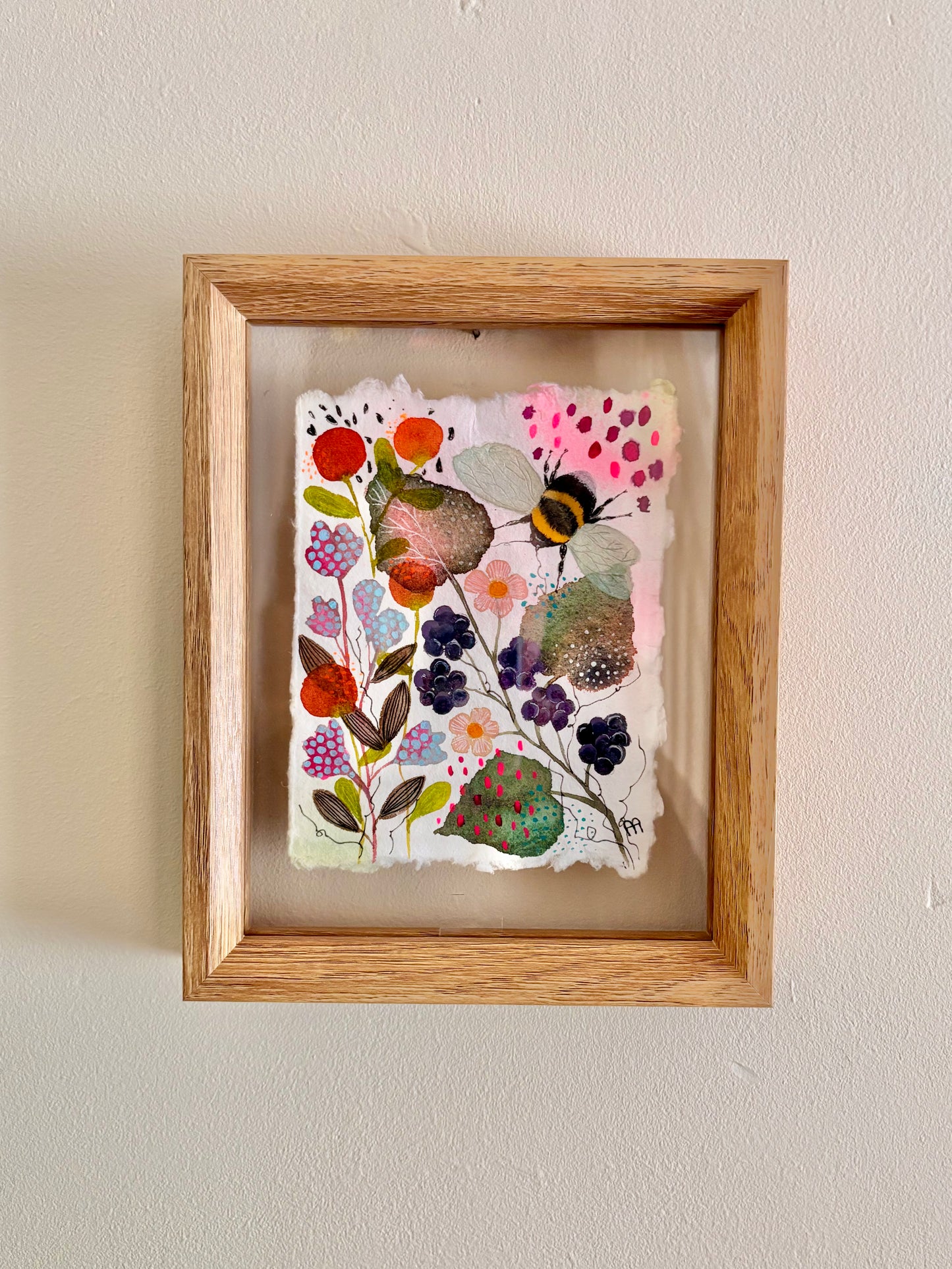 Original Bee Artwork on Handmade Cotton Rag Paper – Floating Frame Botanical Art