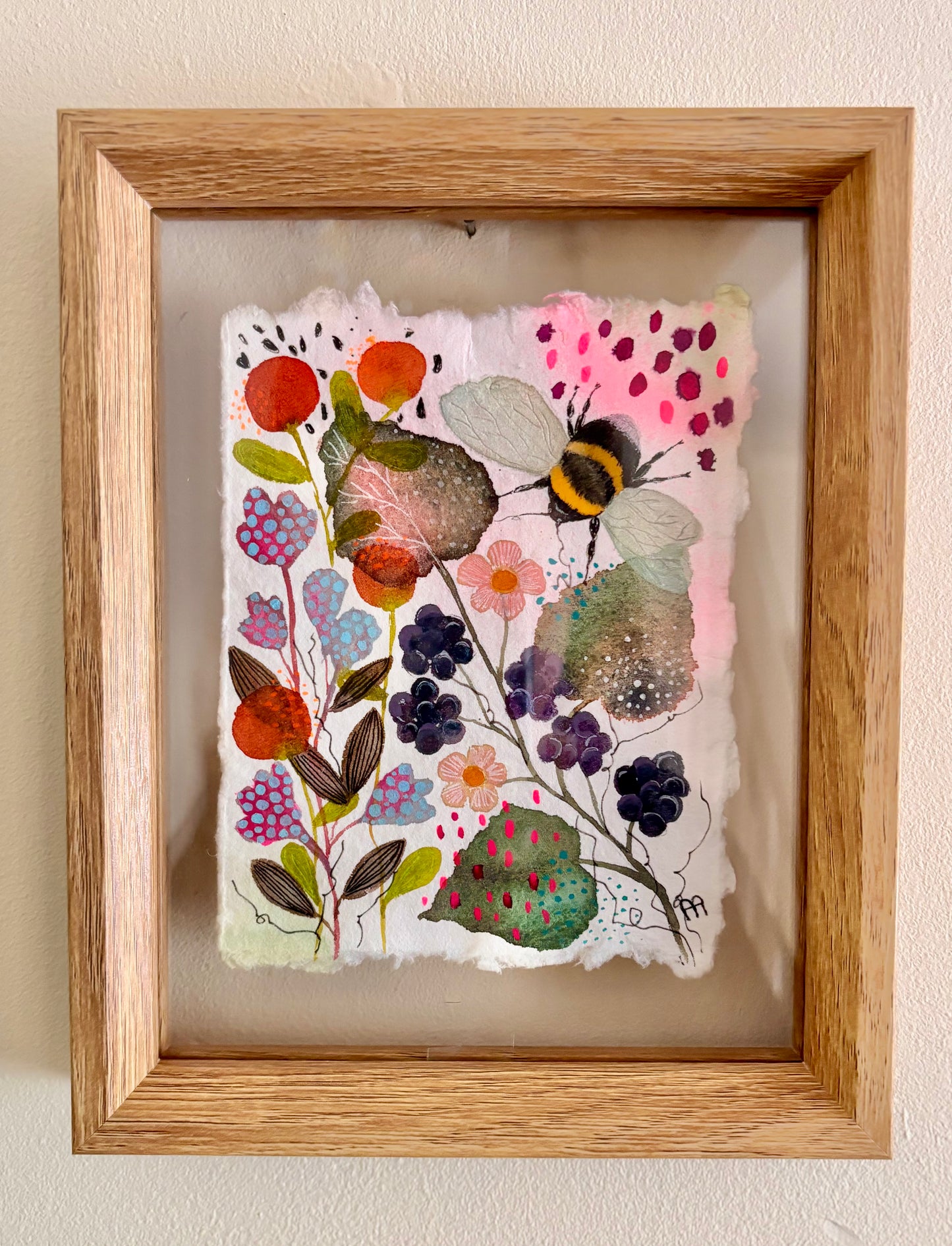 Original Bee Artwork on Handmade Cotton Rag Paper – Floating Frame Botanical Art