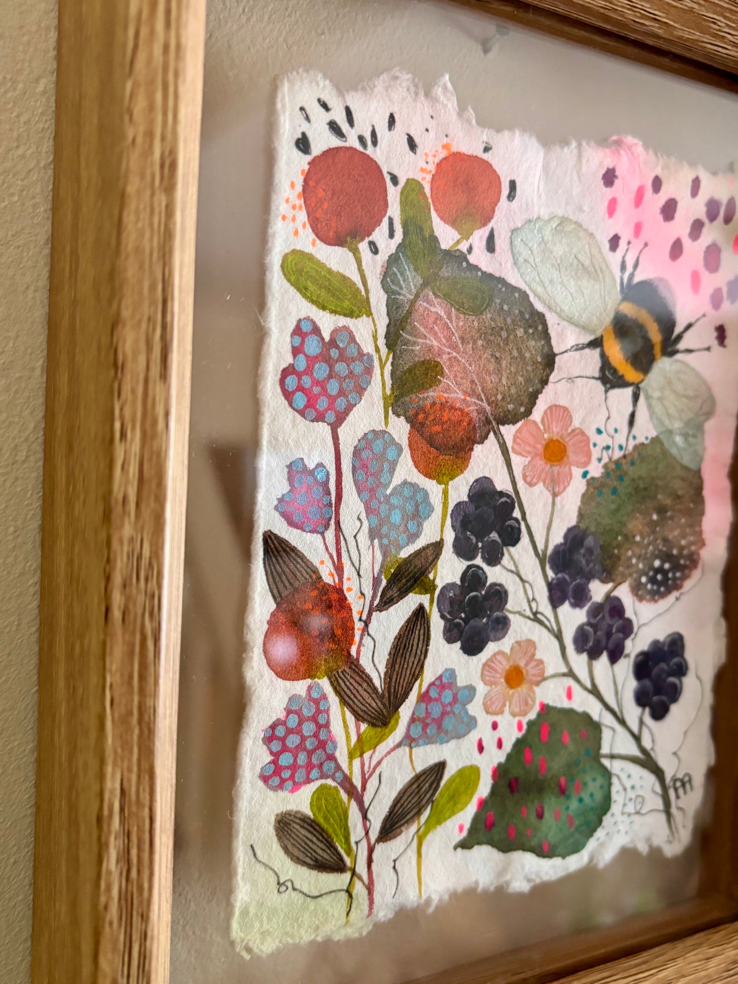 Original Bee Artwork on Handmade Cotton Rag Paper – Floating Frame Botanical Art