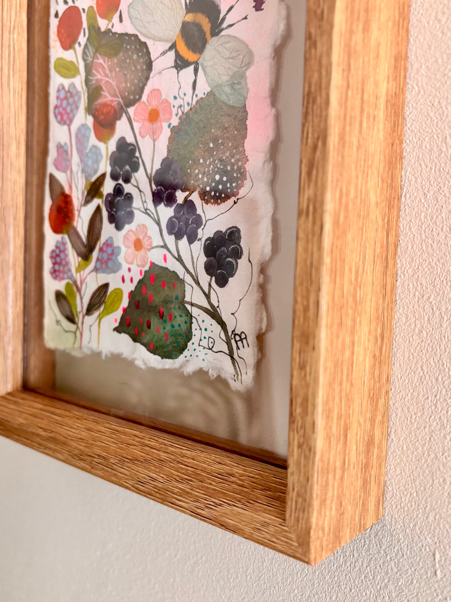 Original Bee Artwork on Handmade Cotton Rag Paper – Floating Frame Botanical Art