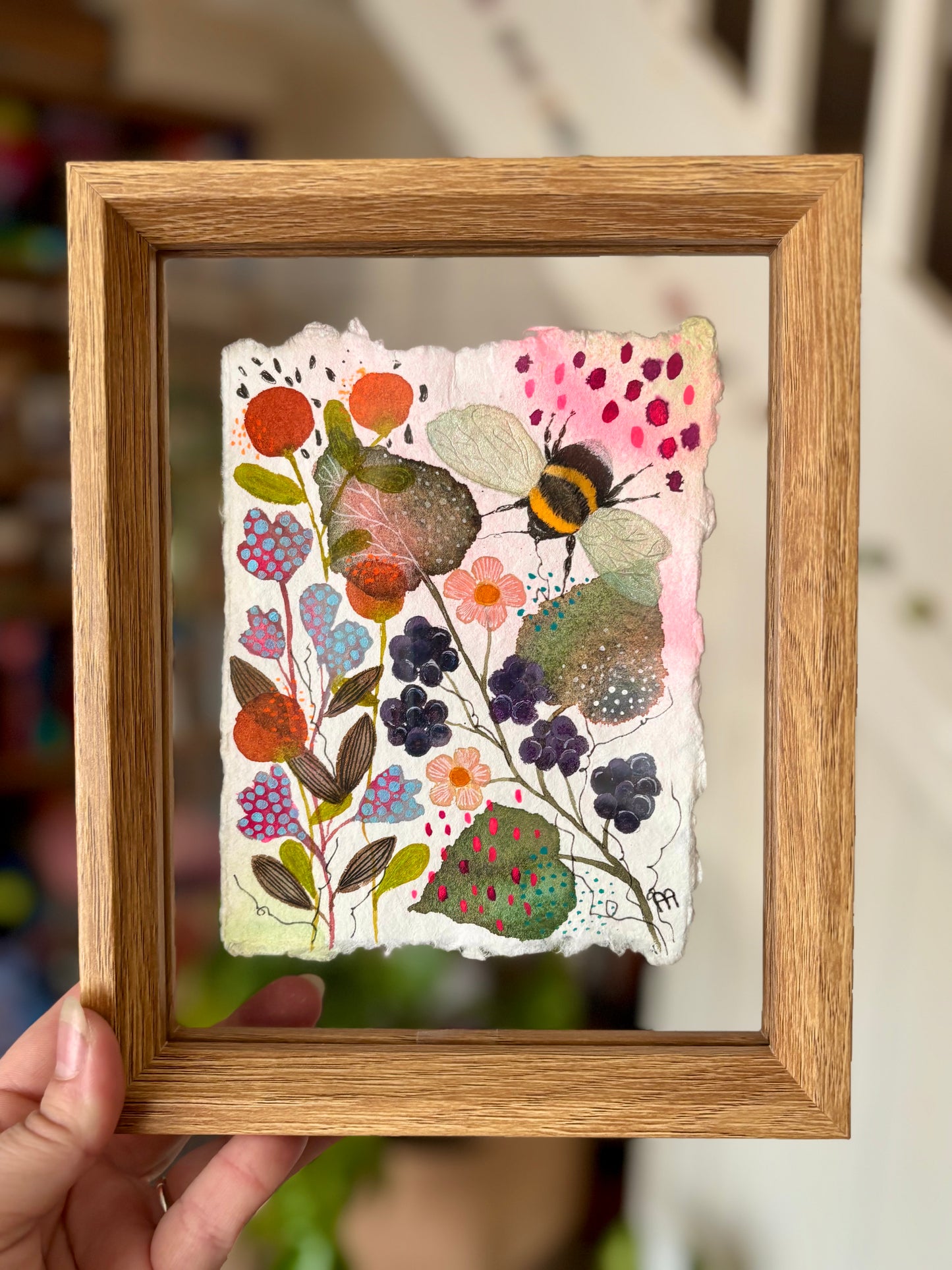Original Bee Artwork on Handmade Cotton Rag Paper – Floating Frame Botanical Art