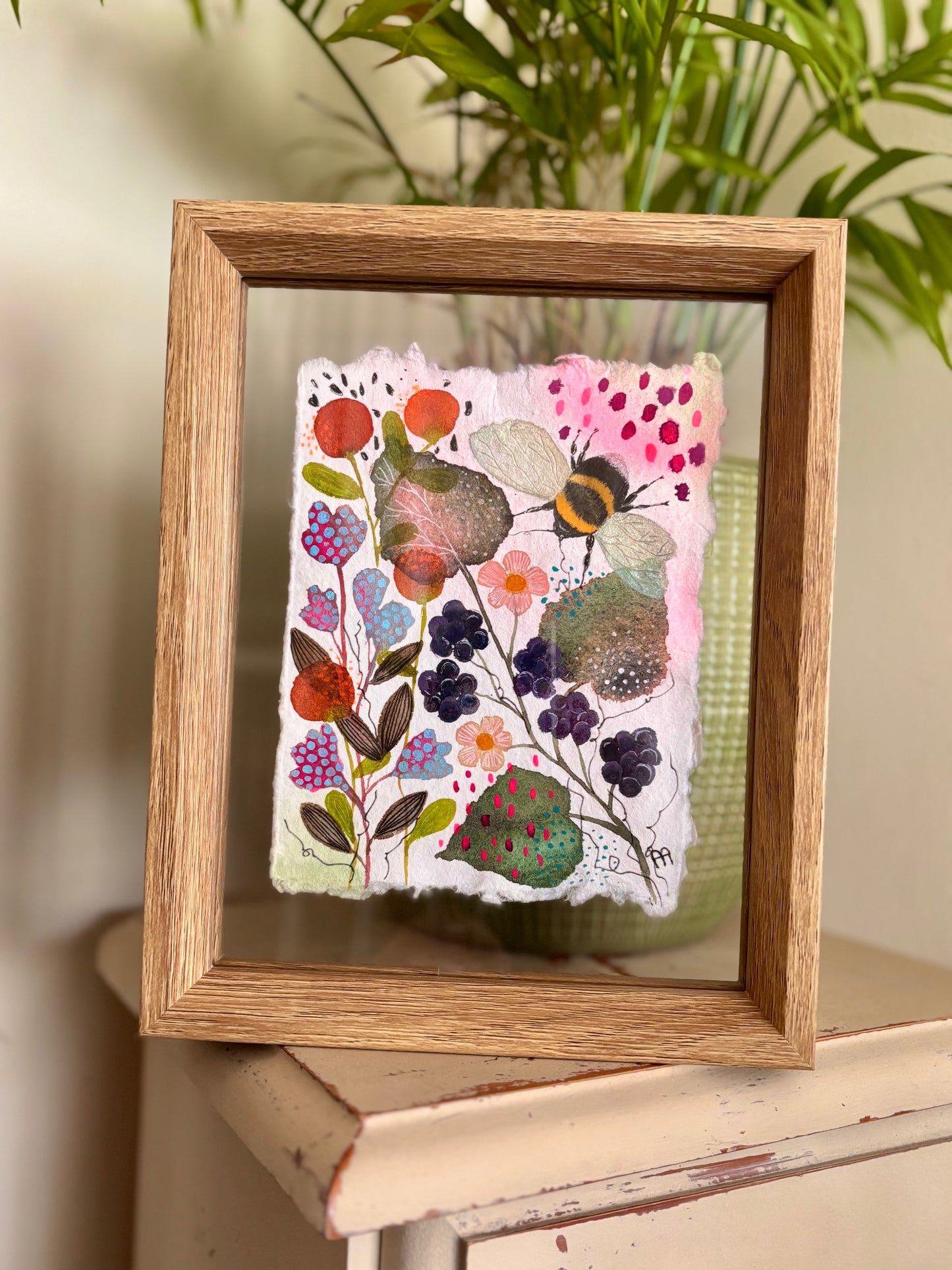 Original Bee Artwork on Handmade Cotton Rag Paper – Floating Frame Botanical Art