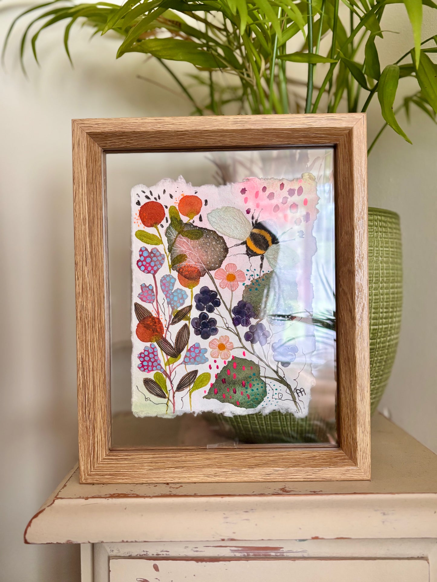 Original Bee Artwork on Handmade Cotton Rag Paper – Floating Frame Botanical Art