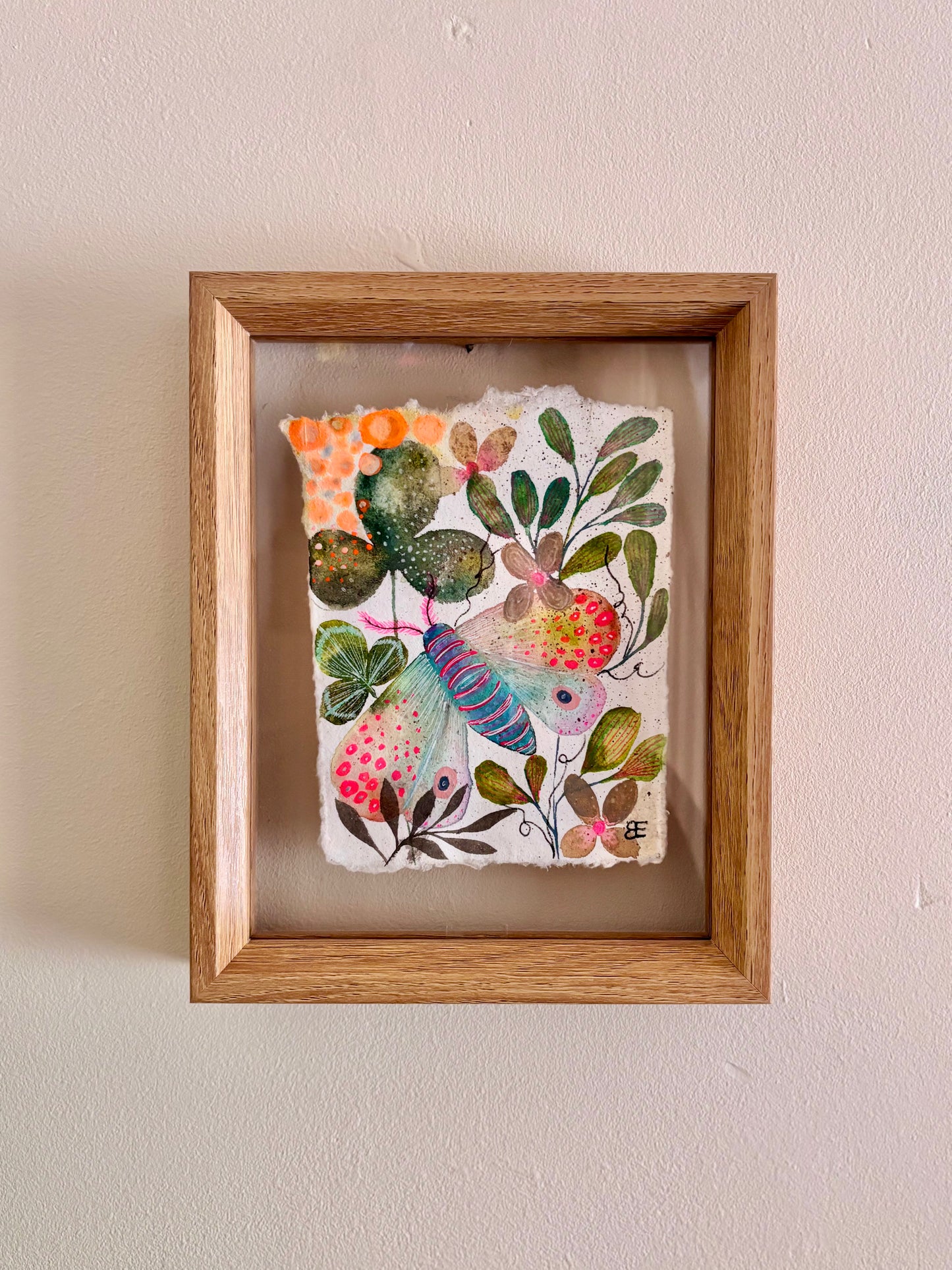 Moss Garden Moth - Original Botanical Painting in Floating Frame