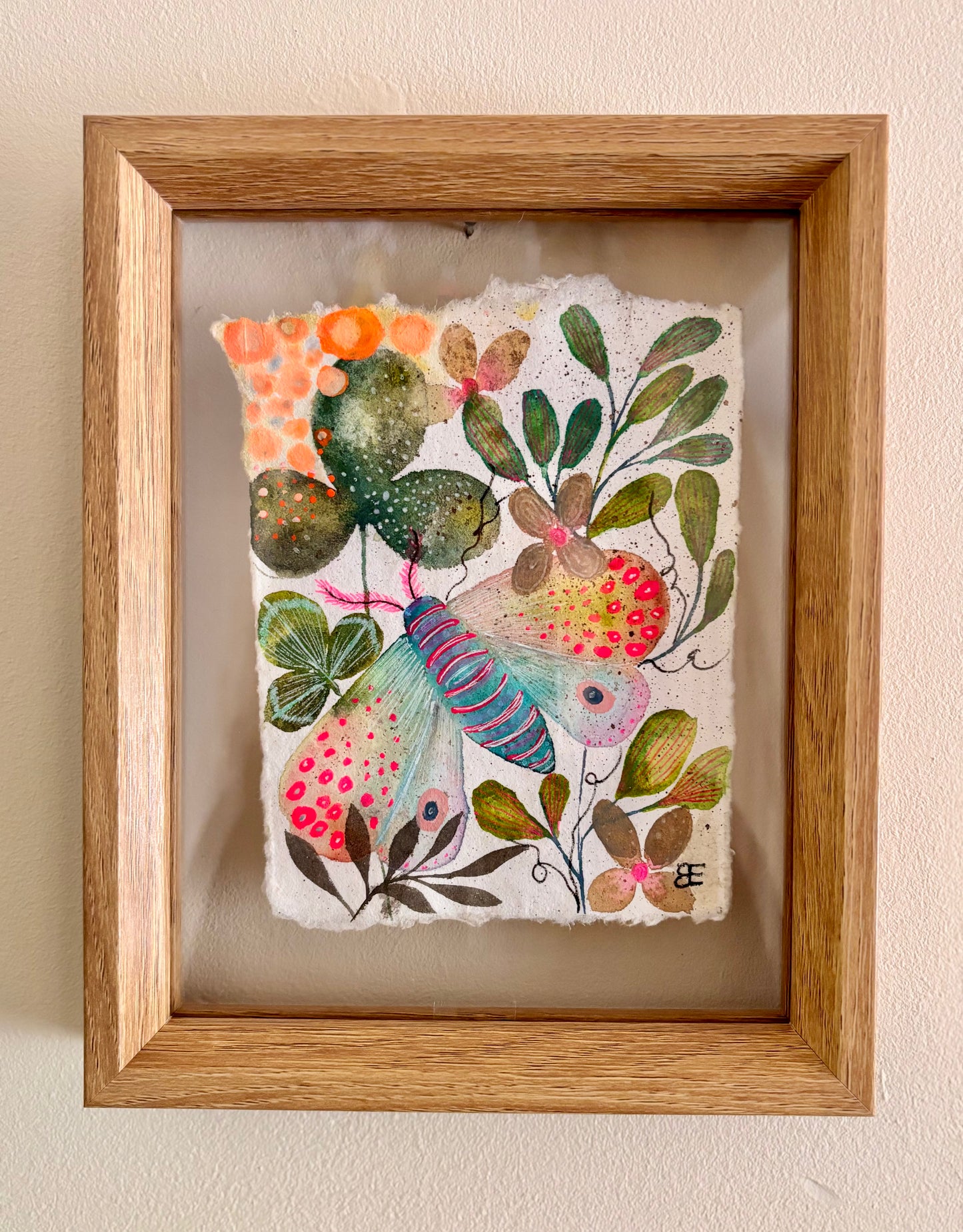 Moss Garden Moth - Original Botanical Painting in Floating Frame