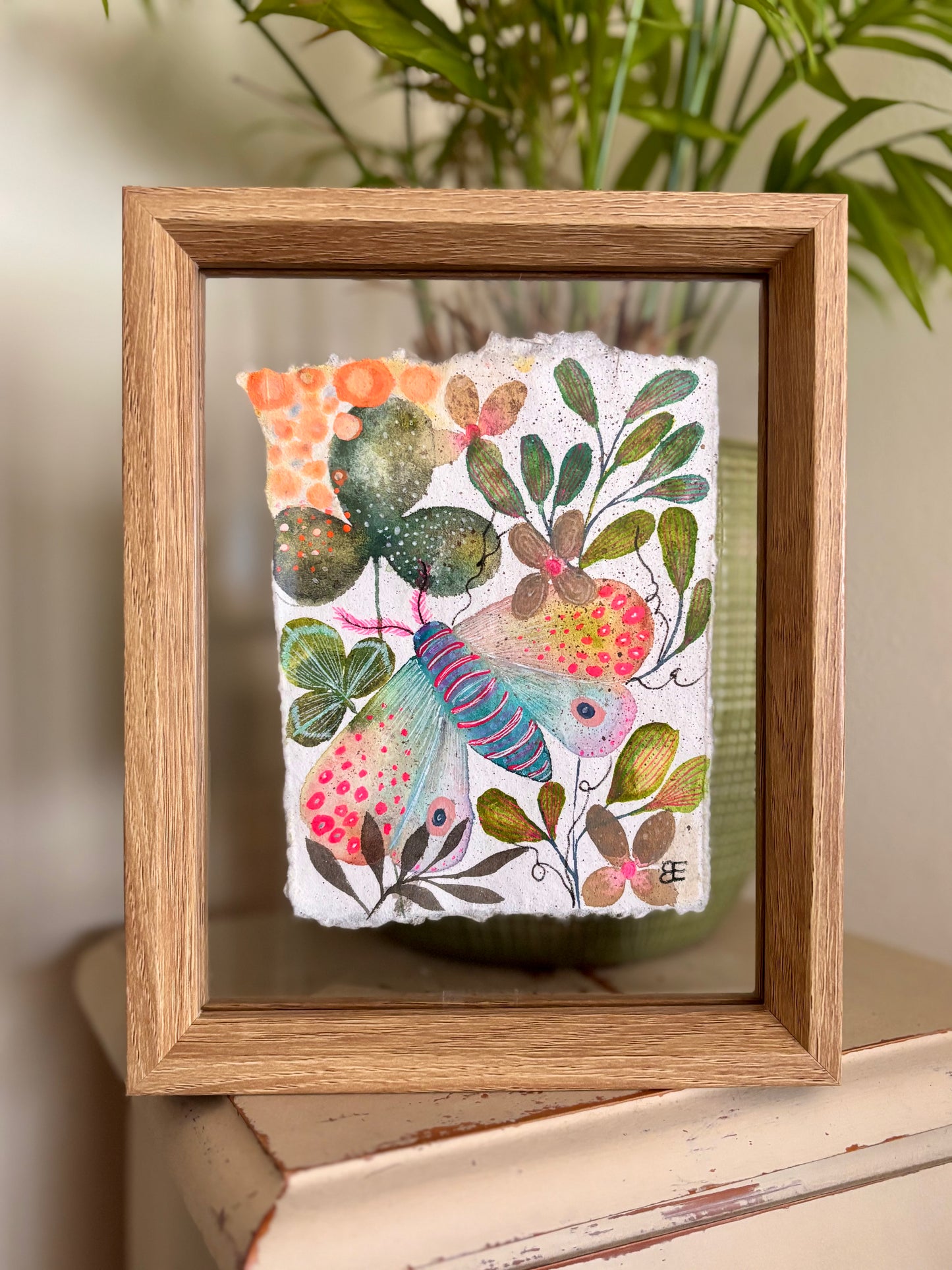 Moss Garden Moth - Original Botanical Painting in Floating Frame