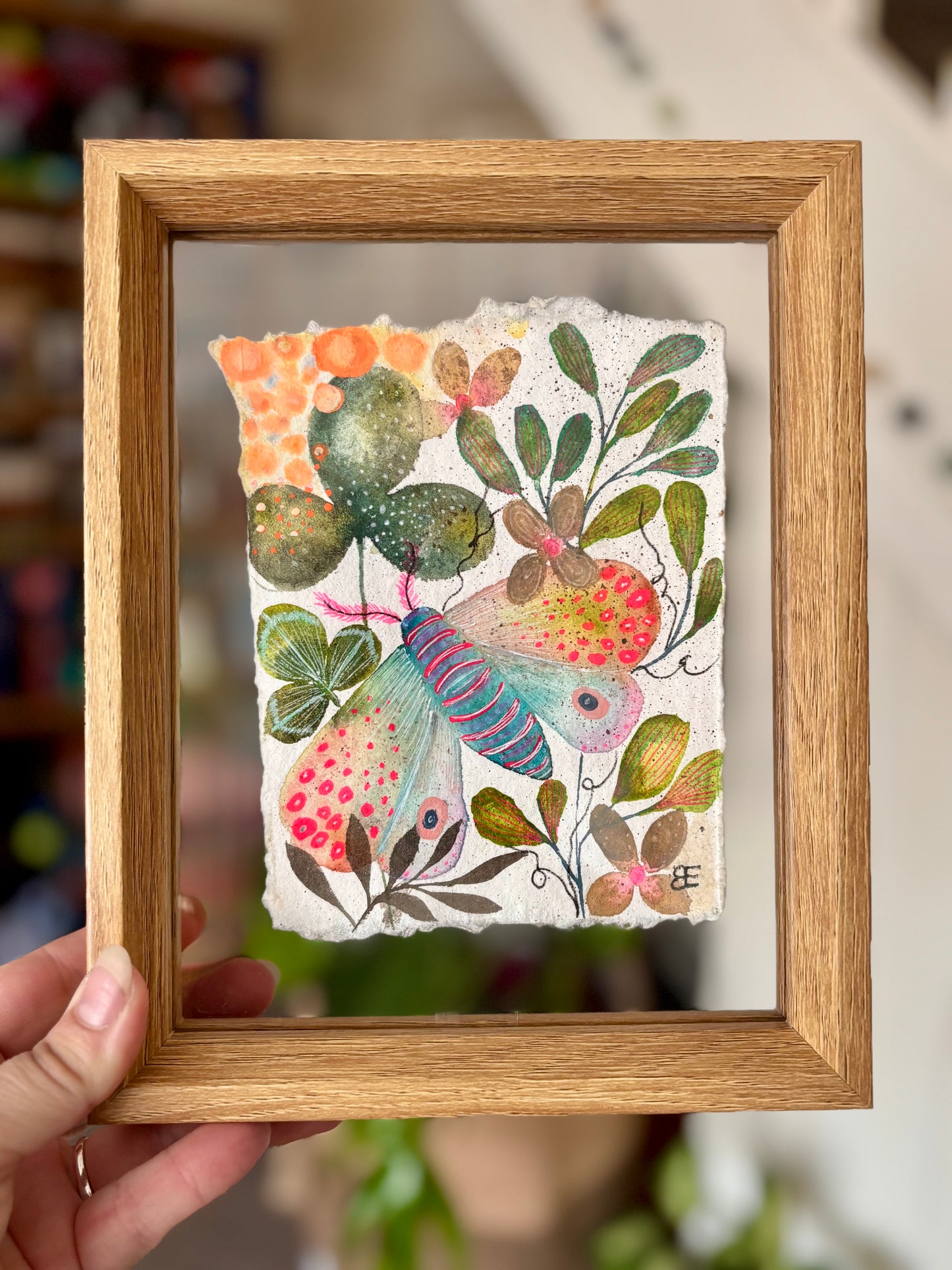 Moss Garden Moth - Original Botanical Painting in Floating Frame