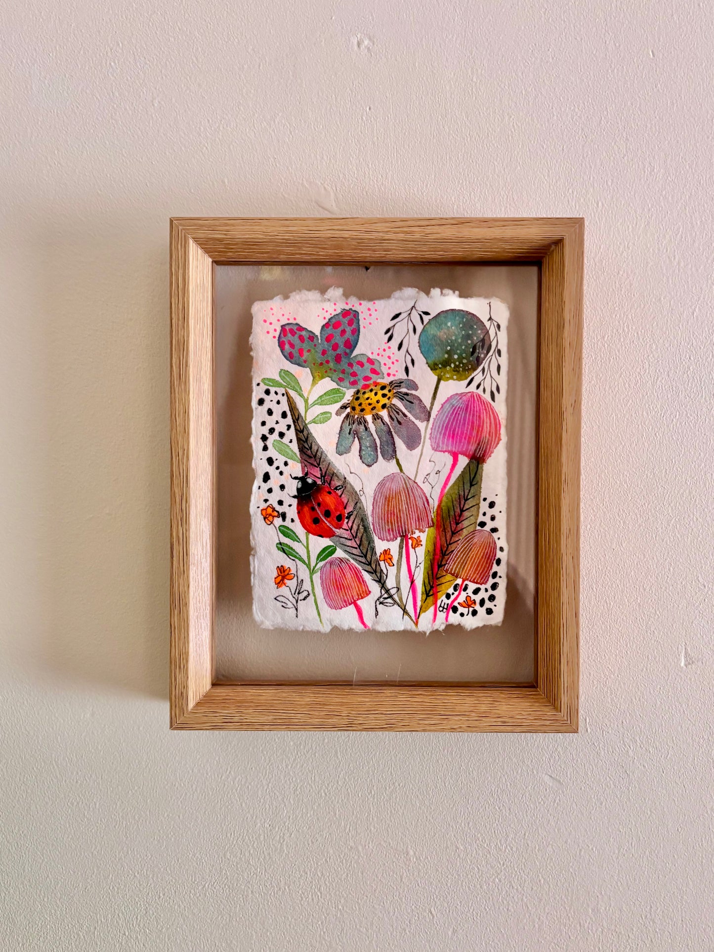Ladybird & Pink Mushroom - Original  Botanical Painting in Floating Frame