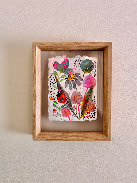 Ladybird & Pink Mushroom - Original  Botanical Painting in Floating Frame