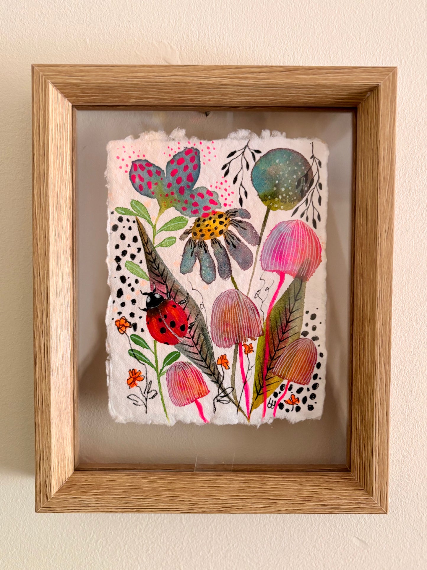 Ladybird & Pink Mushroom - Original  Botanical Painting in Floating Frame