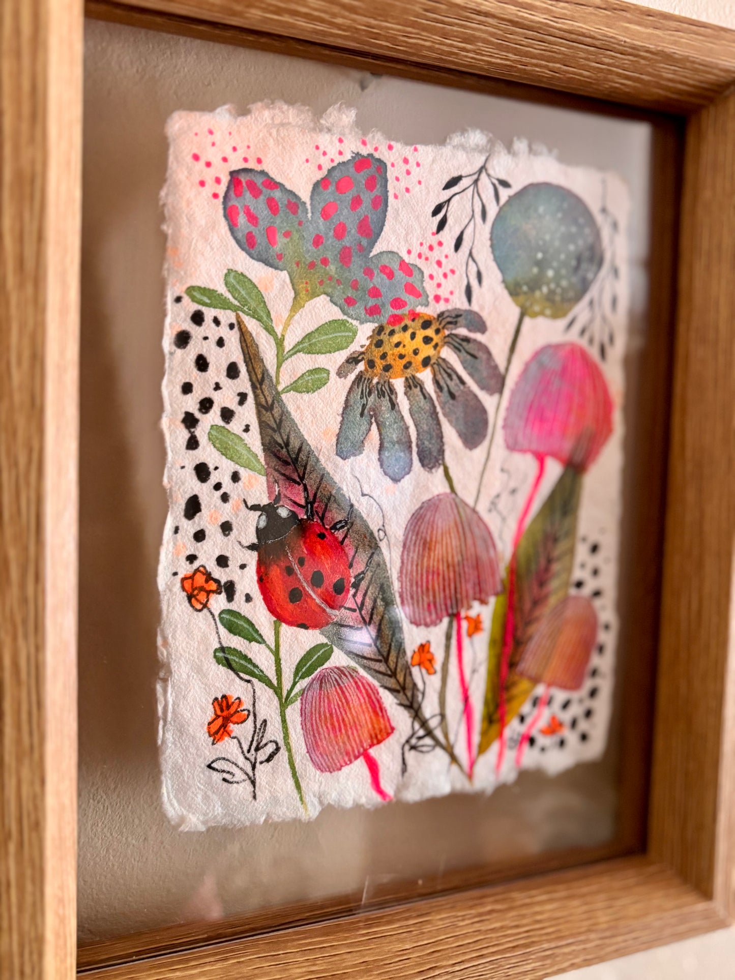Ladybird & Pink Mushroom - Original  Botanical Painting in Floating Frame