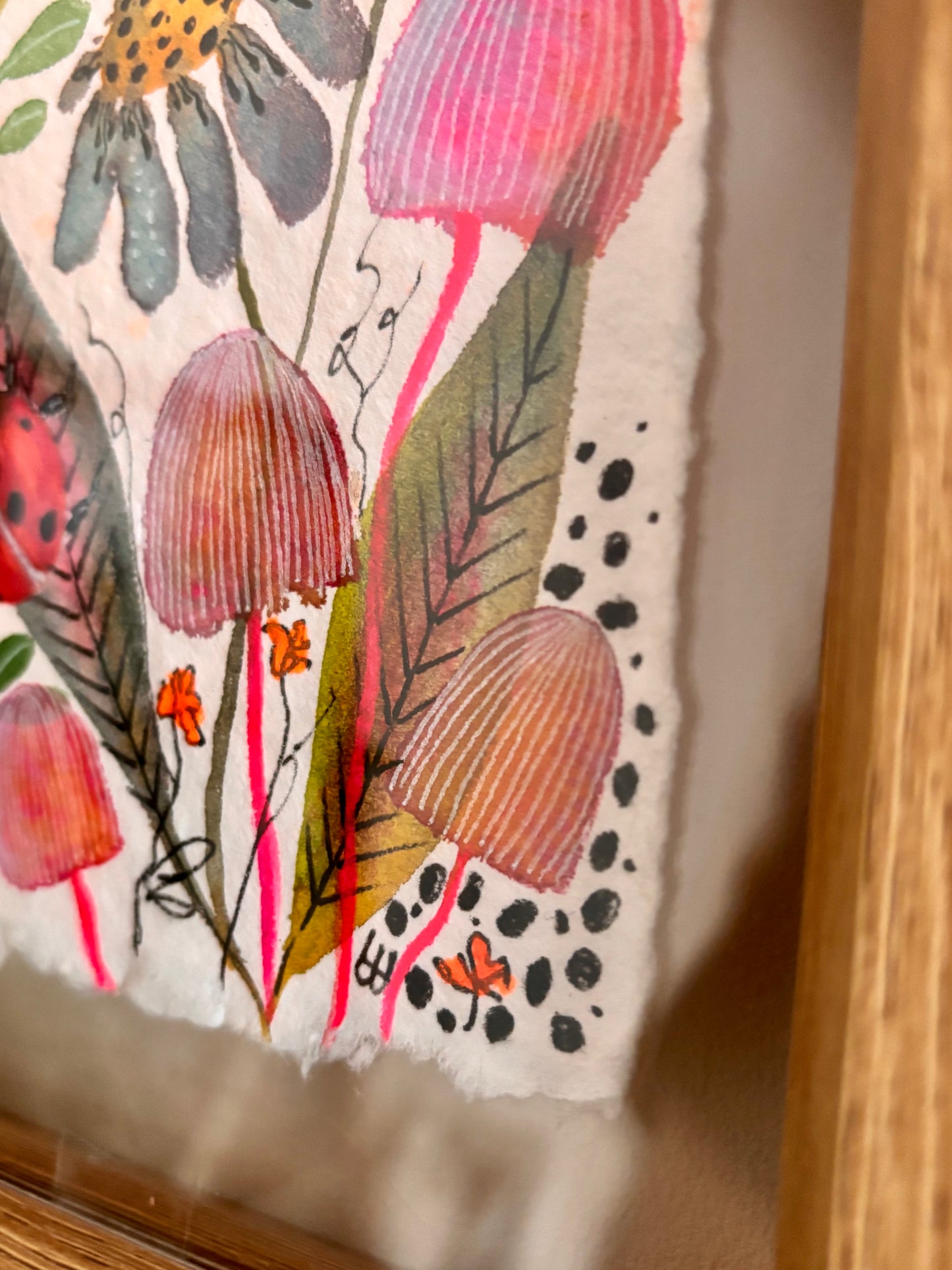 Ladybird & Pink Mushroom - Original  Botanical Painting in Floating Frame