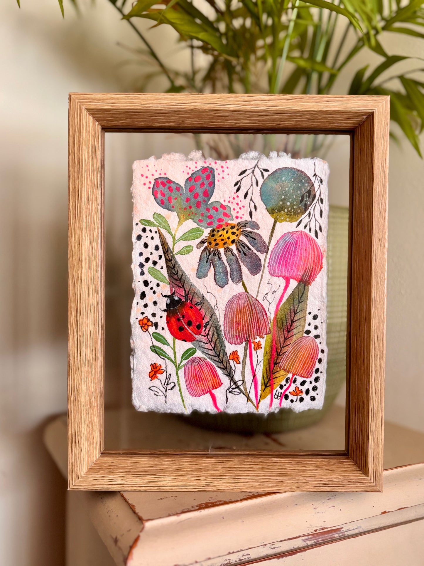 Ladybird & Pink Mushroom - Original  Botanical Painting in Floating Frame