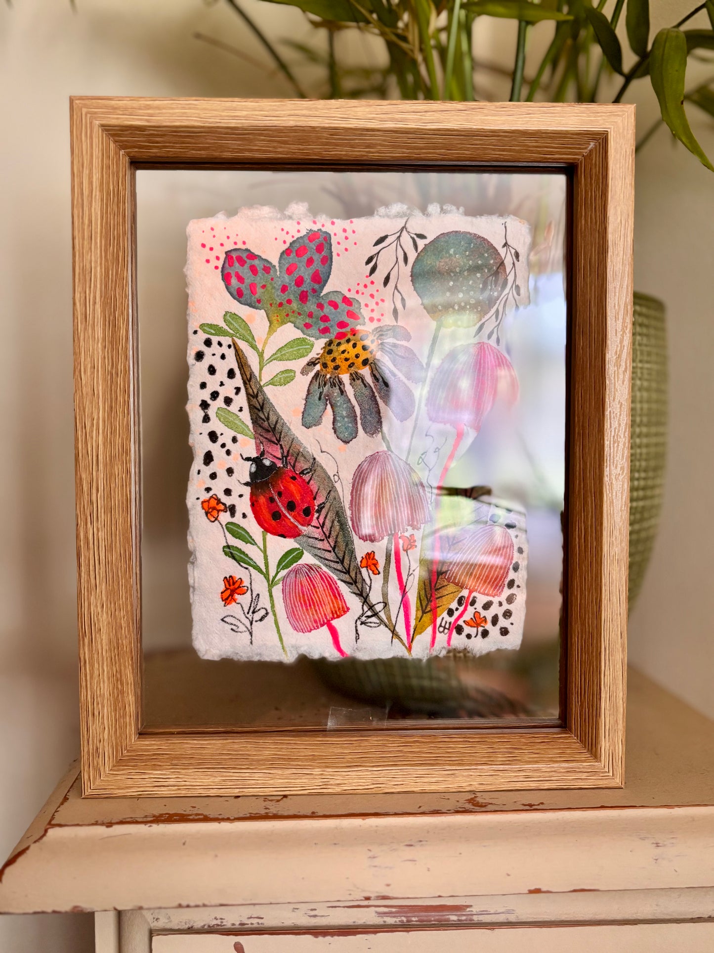 Ladybird & Pink Mushroom - Original  Botanical Painting in Floating Frame