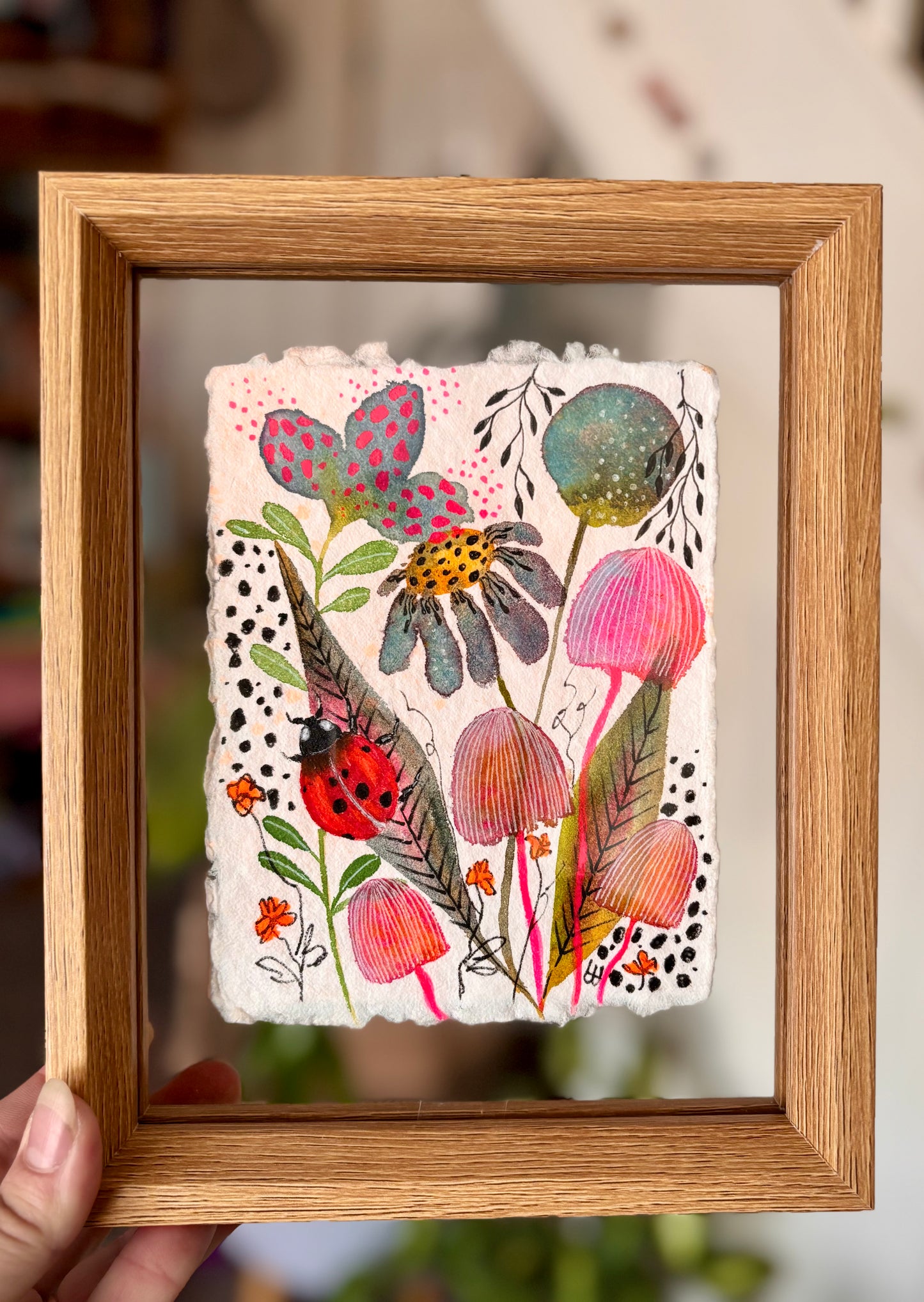 Ladybird & Pink Mushroom - Original  Botanical Painting in Floating Frame