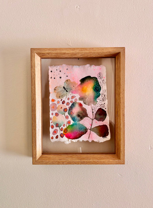 Soft Bloom & Butterfly – Original Abstract Botanical Painting in Floating Frame