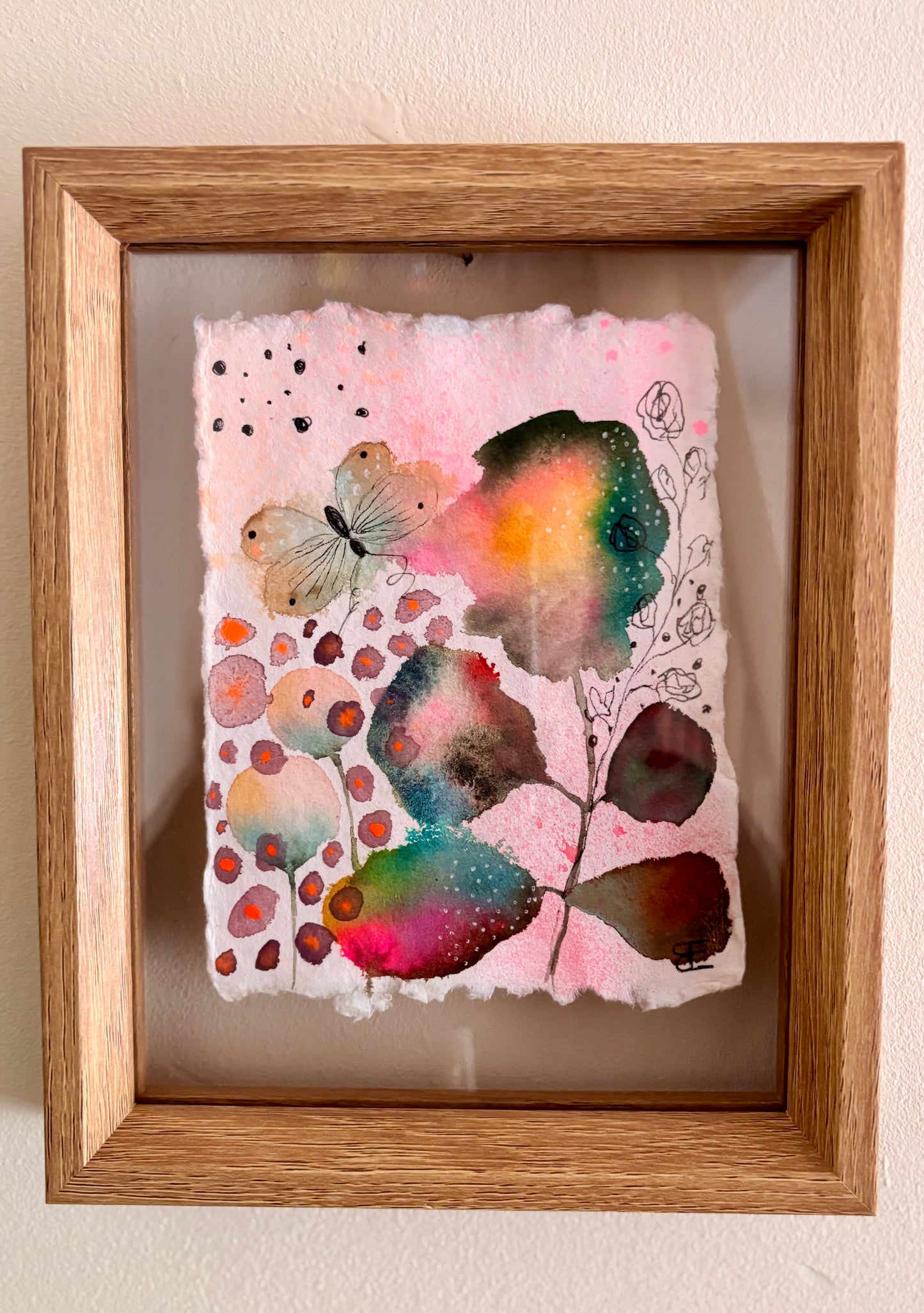 Soft Bloom & Butterfly – Original Abstract Botanical Painting in Floating Frame
