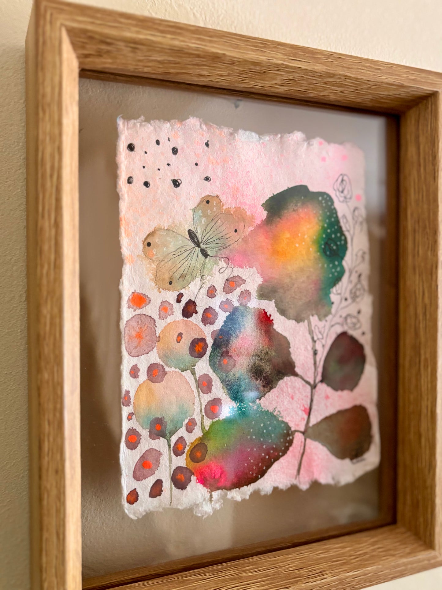 Soft Bloom & Butterfly – Original Abstract Botanical Painting in Floating Frame