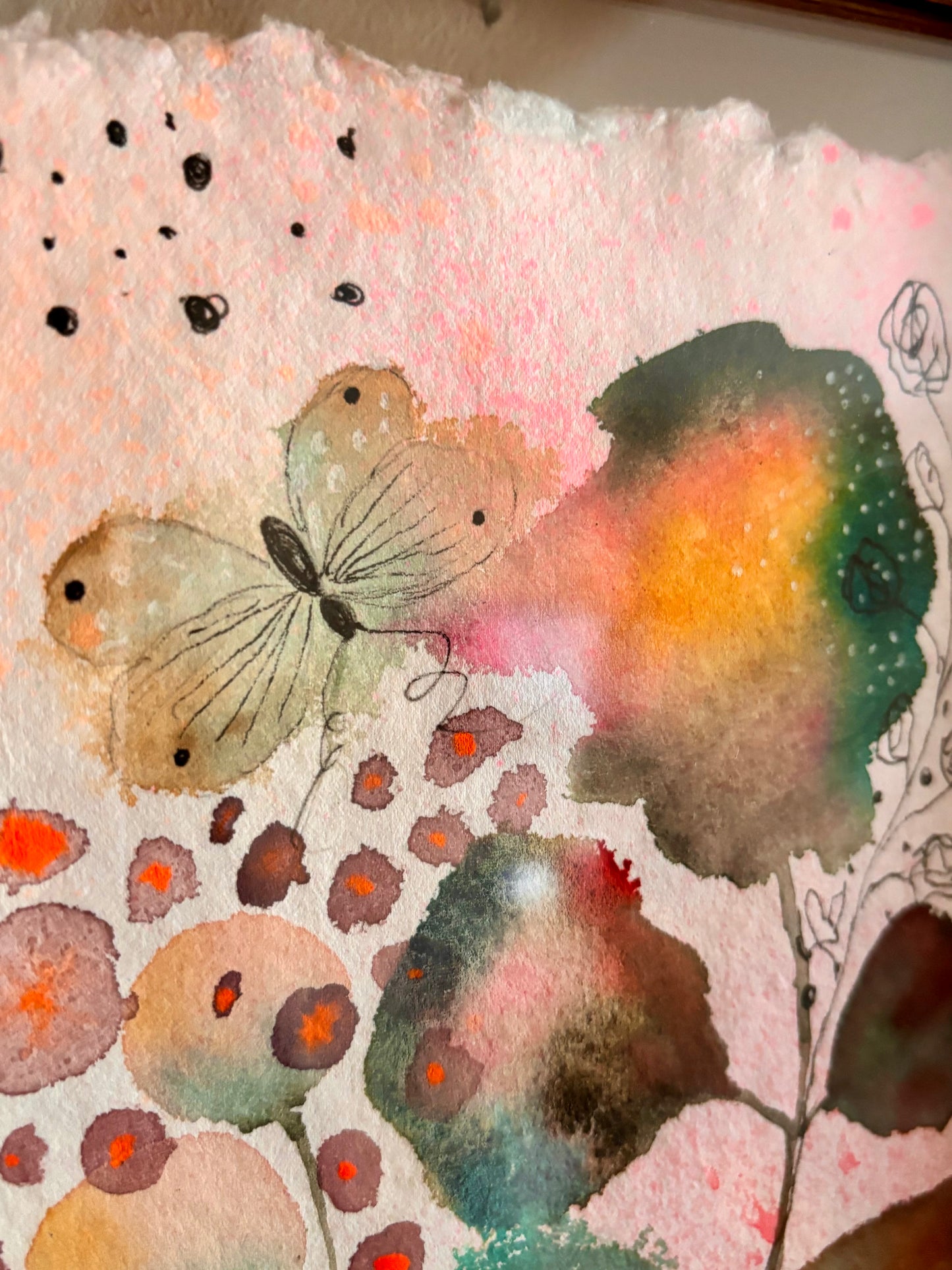 Soft Bloom & Butterfly – Original Abstract Botanical Painting in Floating Frame