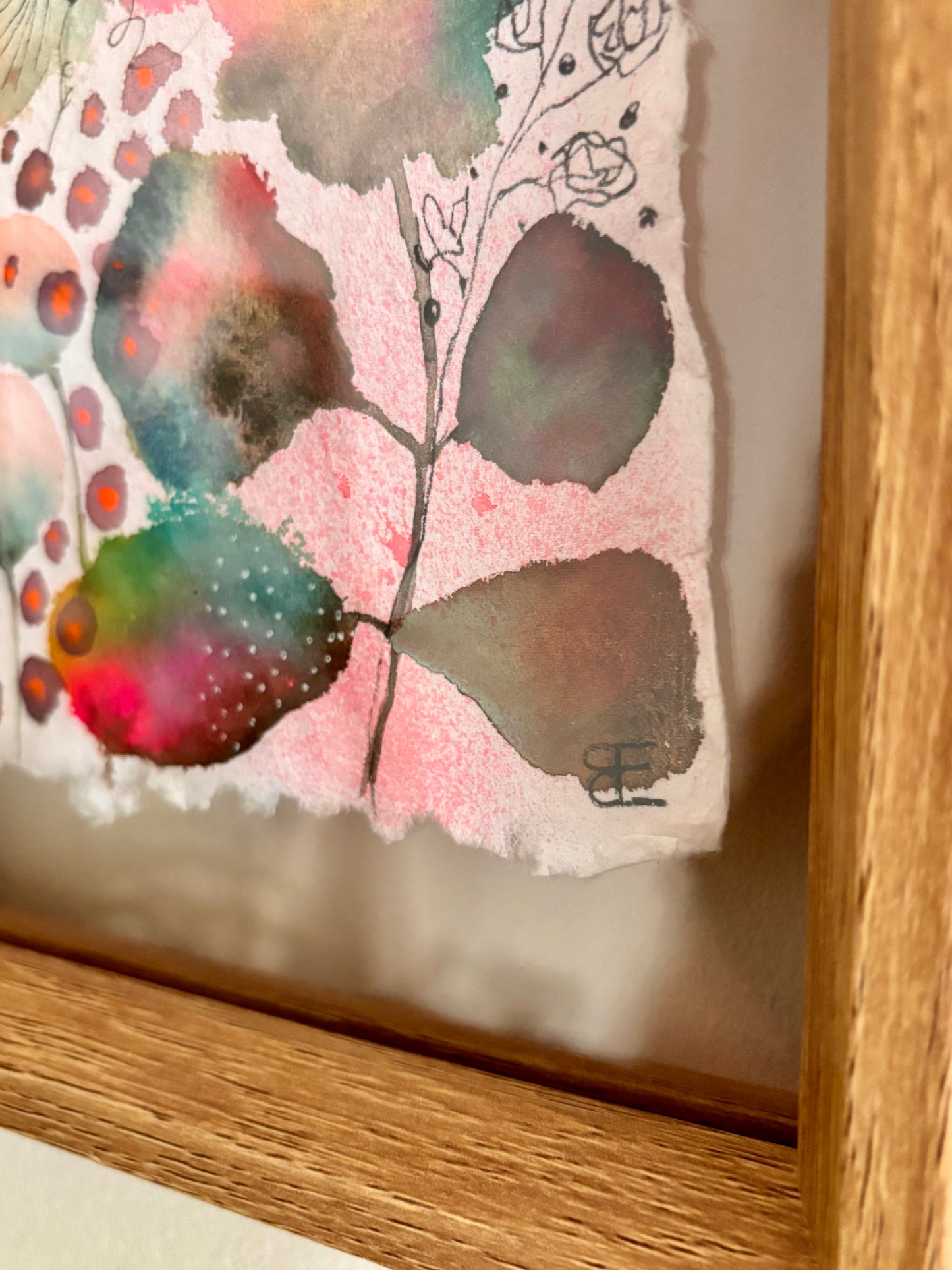 Soft Bloom & Butterfly – Original Abstract Botanical Painting in Floating Frame