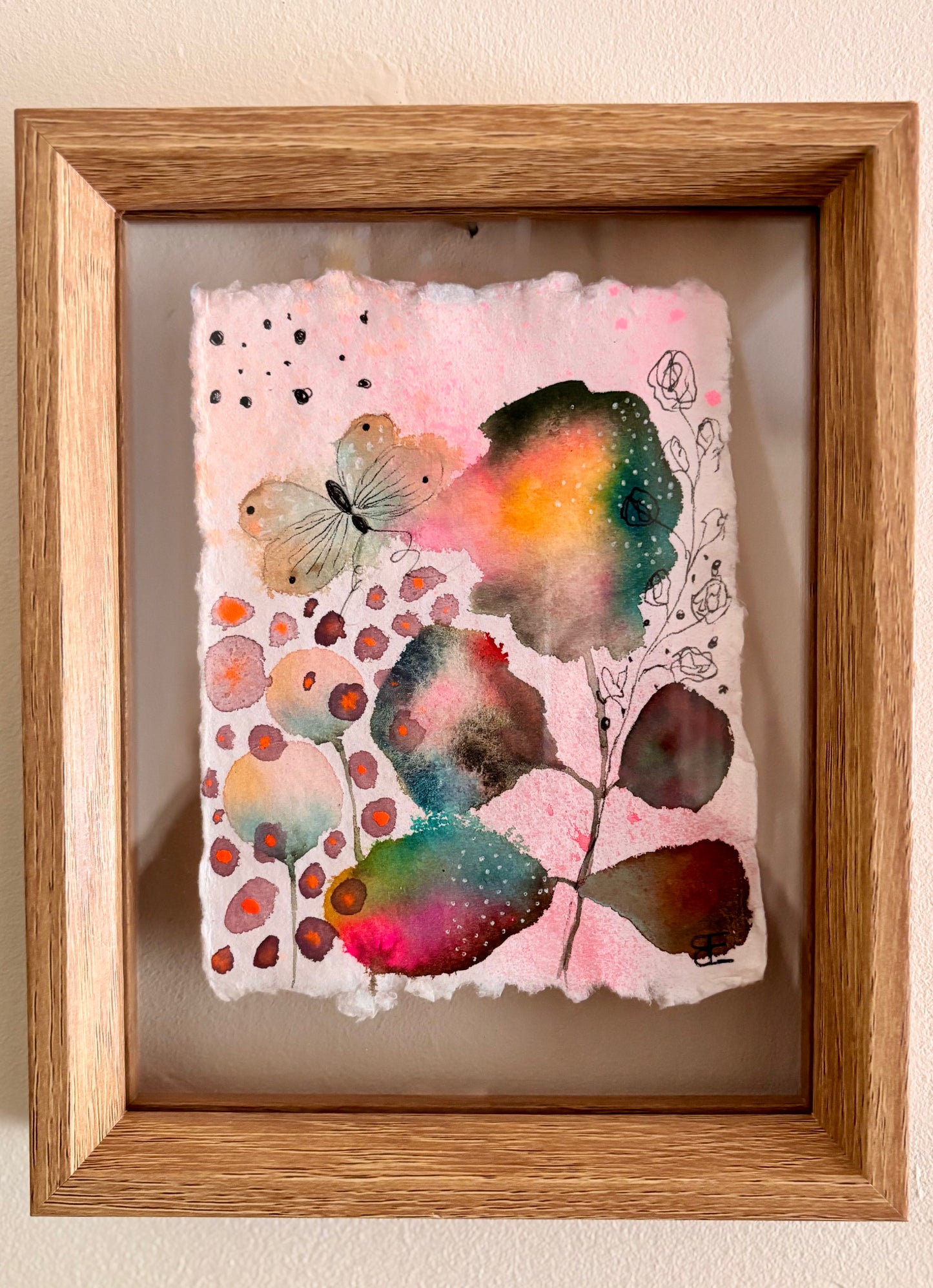 Soft Bloom & Butterfly – Original Abstract Botanical Painting in Floating Frame