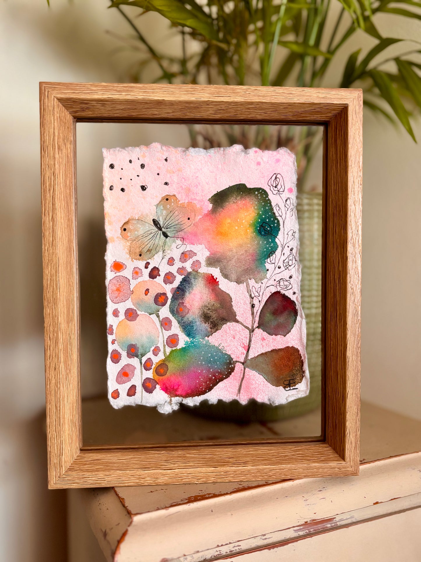 Soft Bloom & Butterfly – Original Abstract Botanical Painting in Floating Frame