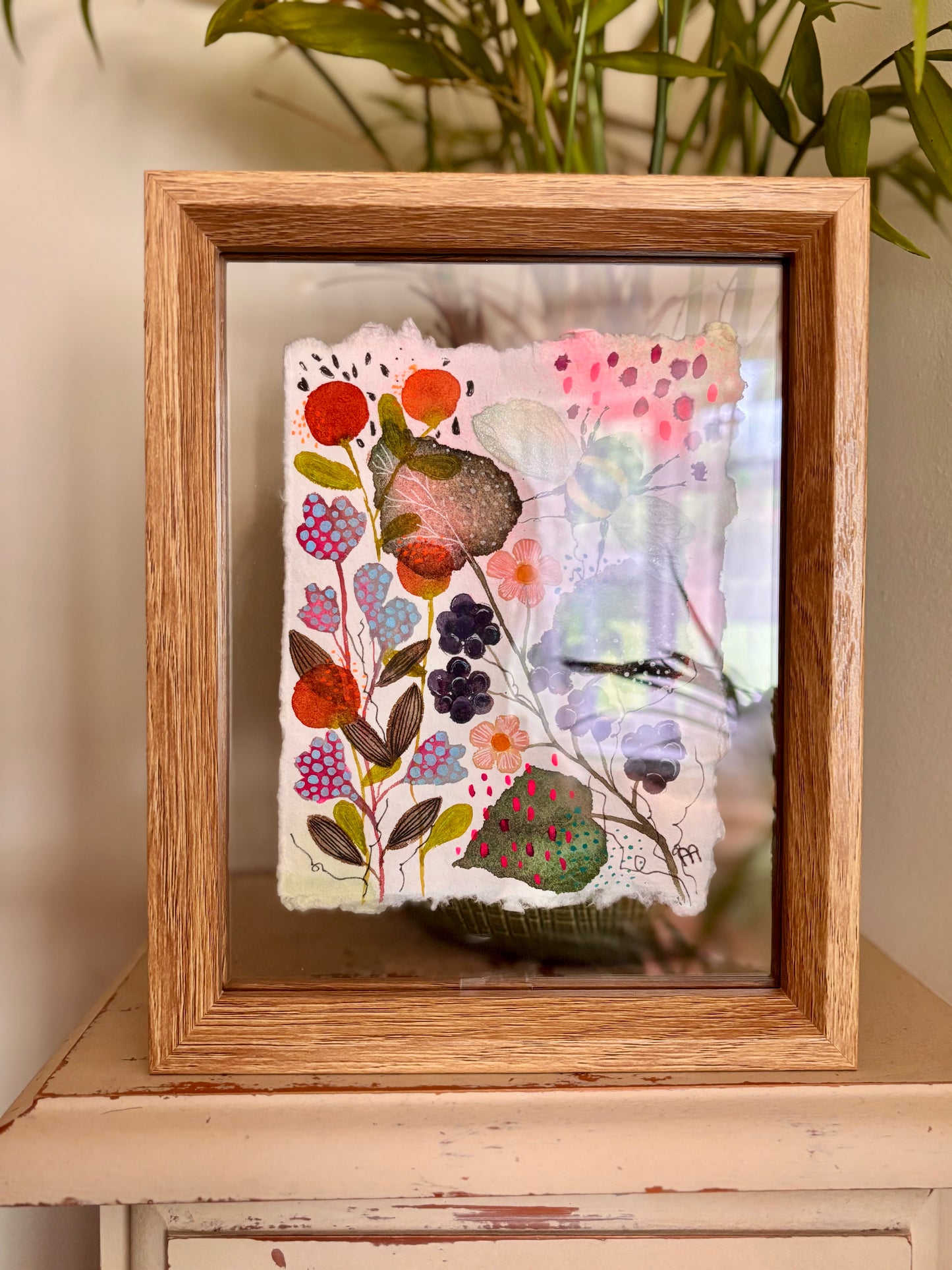 Original Bee Artwork on Handmade Cotton Rag Paper – Floating Frame Botanical Art