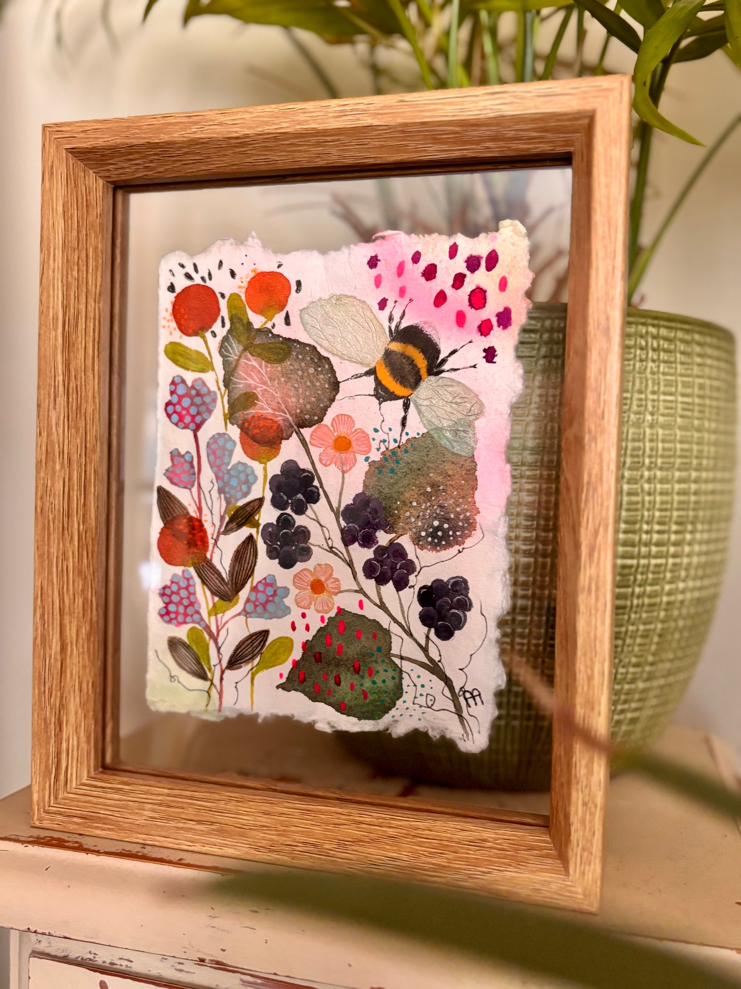 Original Bee Artwork on Handmade Cotton Rag Paper – Floating Frame Botanical Art