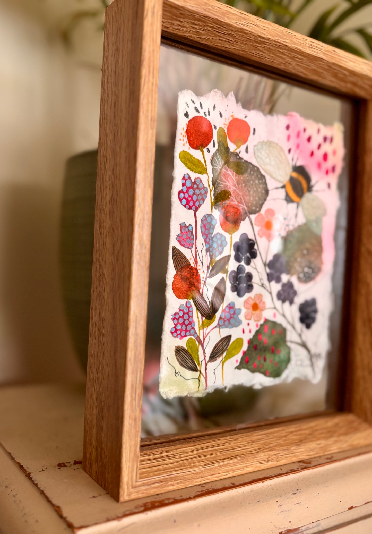 Original Bee Artwork on Handmade Cotton Rag Paper – Floating Frame Botanical Art