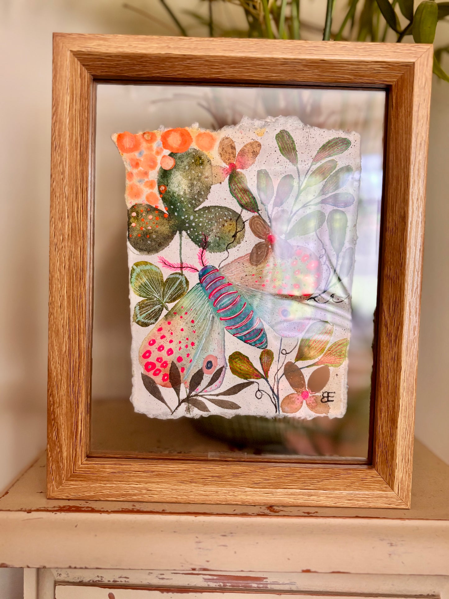 Moss Garden Moth - Original Botanical Painting in Floating Frame