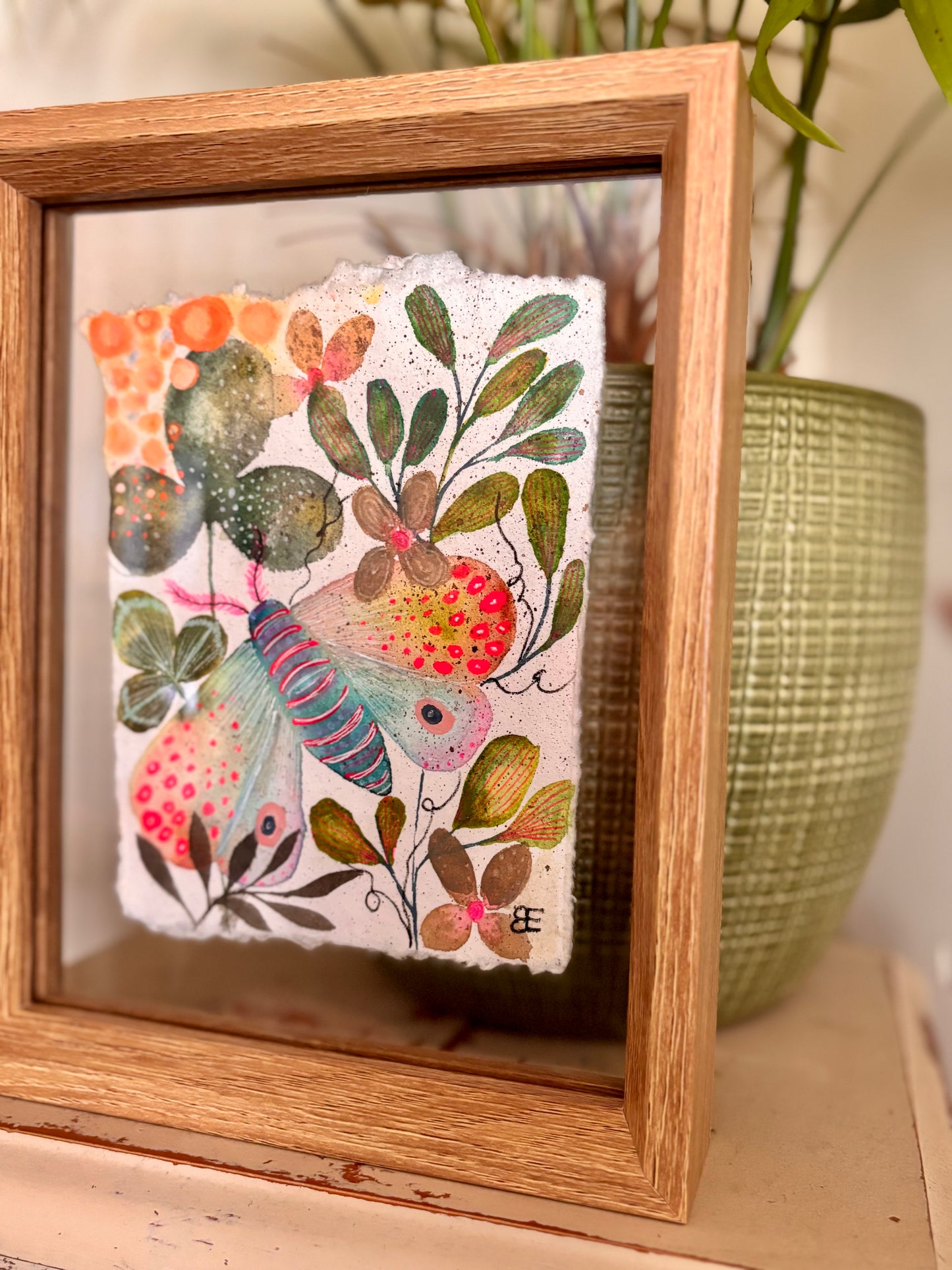 Moss Garden Moth - Original Botanical Painting in Floating Frame