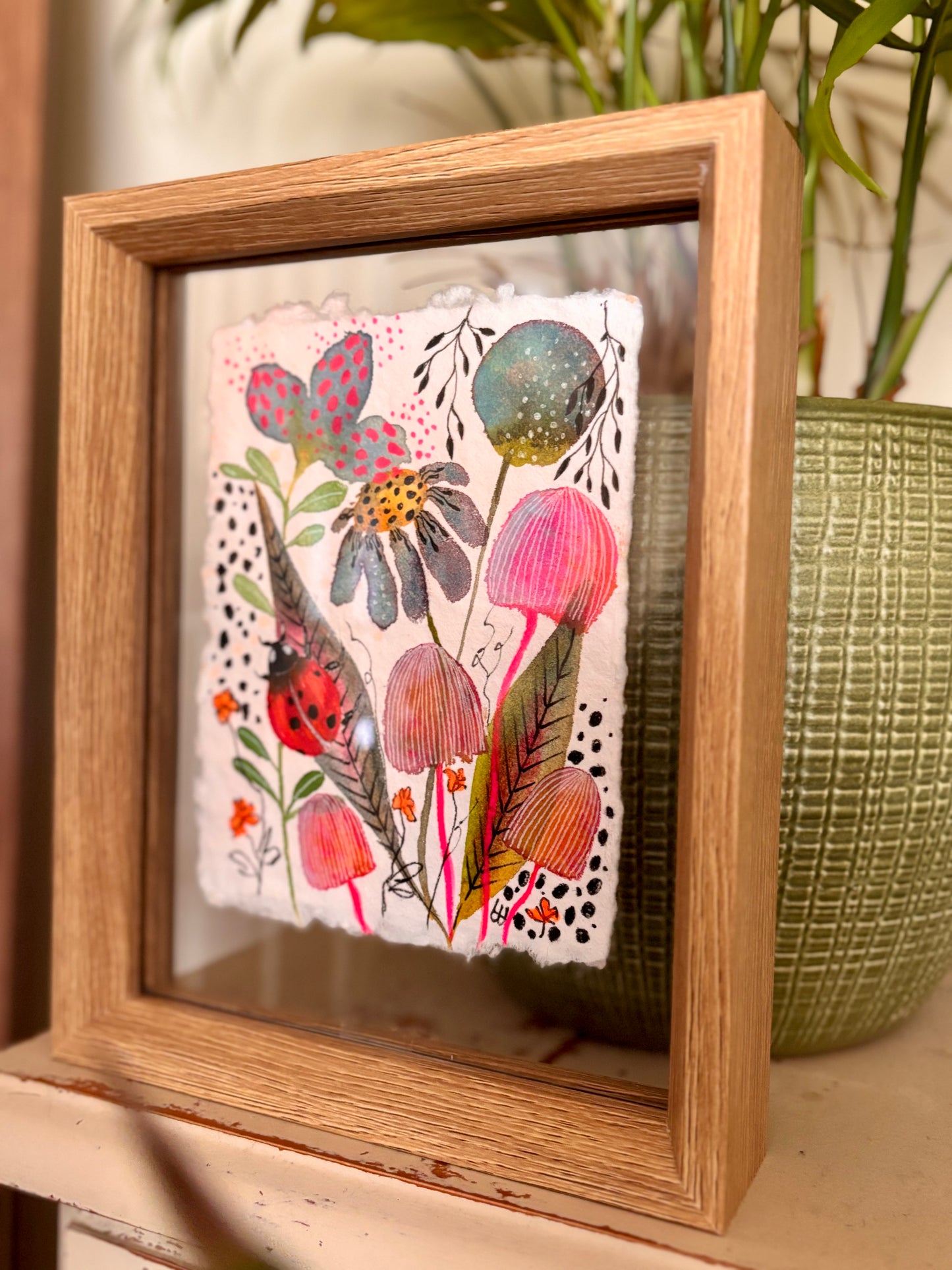Ladybird & Pink Mushroom - Original  Botanical Painting in Floating Frame