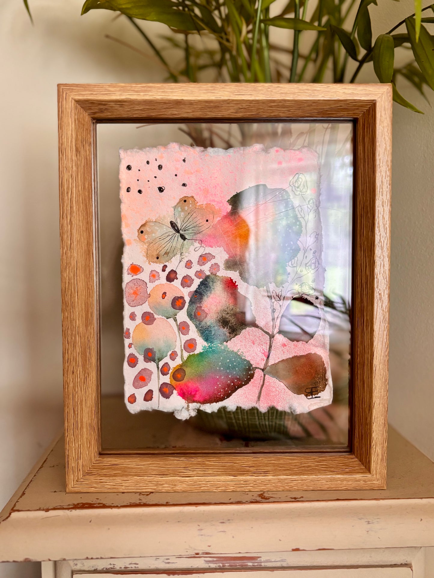 Soft Bloom & Butterfly – Original Abstract Botanical Painting in Floating Frame