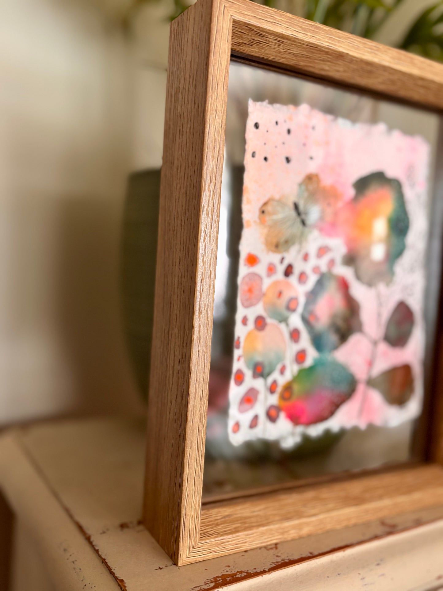 Soft Bloom & Butterfly – Original Abstract Botanical Painting in Floating Frame